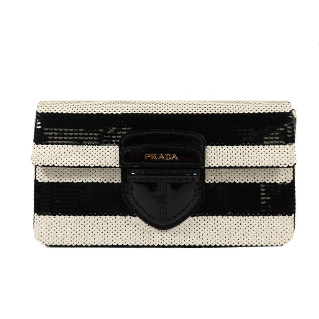 Prada GHW Black White Sequin Patent Leather Clutch Bag: Prada GHW Black White Sequin Patent Leather Clutch Bag This PRADA clutch features a striking combination of sequins and patent leather in black and white, creating a bold and elegant accessory. Design