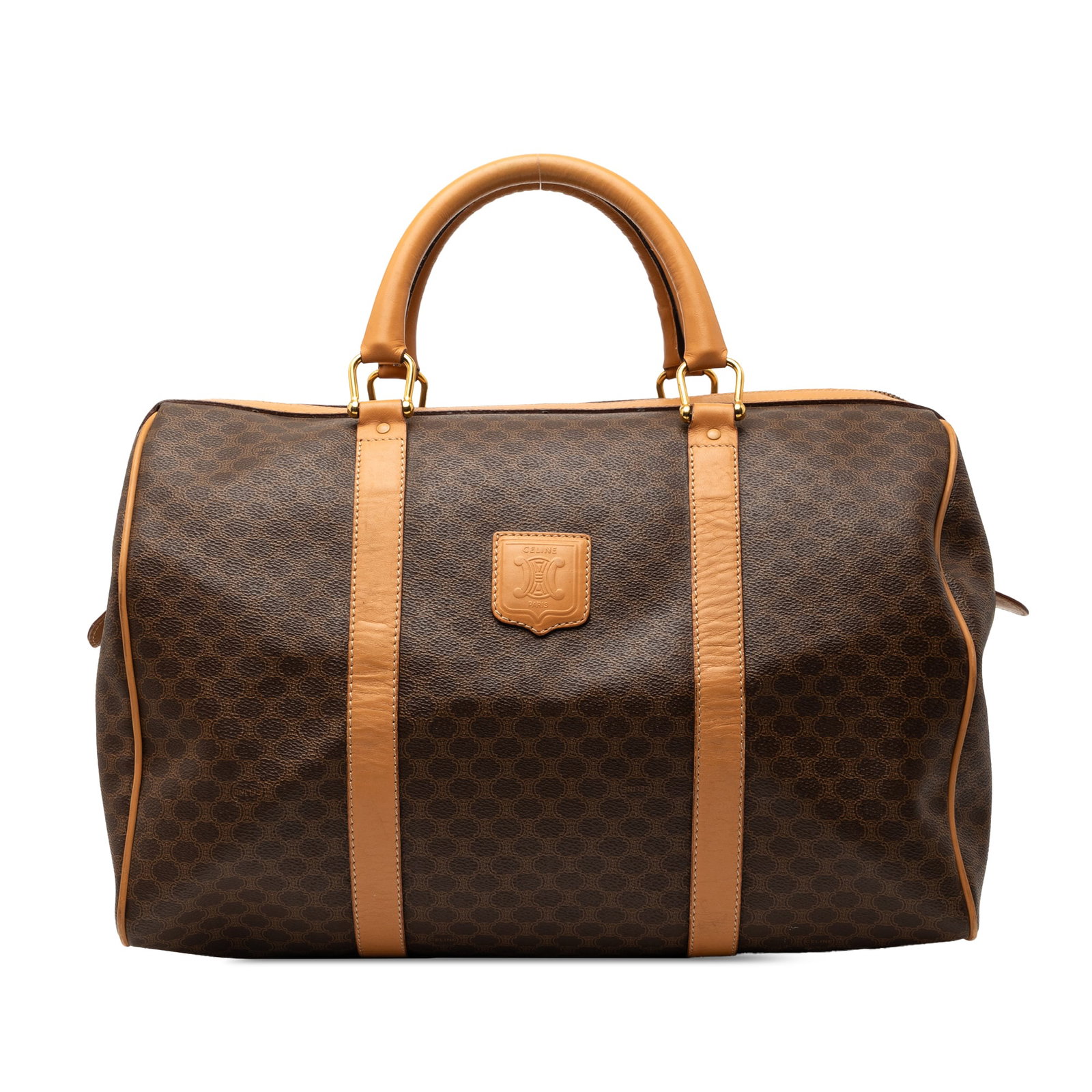 Celine Macadam Brown Coated Canvas Boston Handbag: Celine Macadam Brown Coated Canvas Boston Handbag This Celine Macadam Boston bag features a brown coated canvas body with leather trim, rolled leather handles, a top zip closure, and an interior zip p