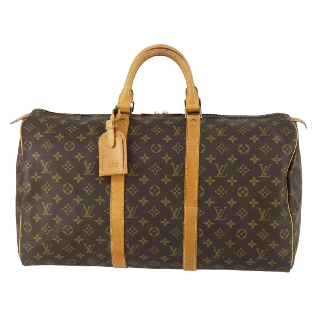 Louis Vuitton Keepall Canvas Travel Bag 50cm Brown: Louis Vuitton Keepall Canvas Travel Bag 50cm Brown This Louis Vuitton Keepall bag features the brand's iconic Monogram canvas in brown, designed for unisex use. The bag shows visible signs of wear, in