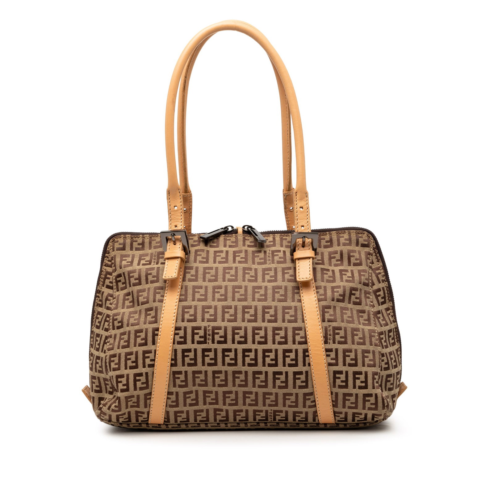 Fendi Zucchino brown canvas shoulder bag: Fendi Zucchino brown canvas shoulder bag This Fendi Zucchino Canvas Shoulder Bag features a brown canvas body with leather trim, rolled leather handles, a two-way top zip closure, and an interior zip 