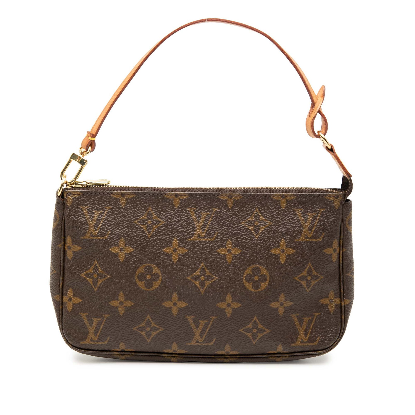 Louis Vuitton Monogram Pochette Accessoires Bag with Vachetta Strap: Louis Vuitton Monogram Pochette Accessoires Bag with Vachetta Strap This Louis Vuitton Monogram Pochette Accessoires is a stylish and practical accessory crafted from durable monogram canvas. It featu