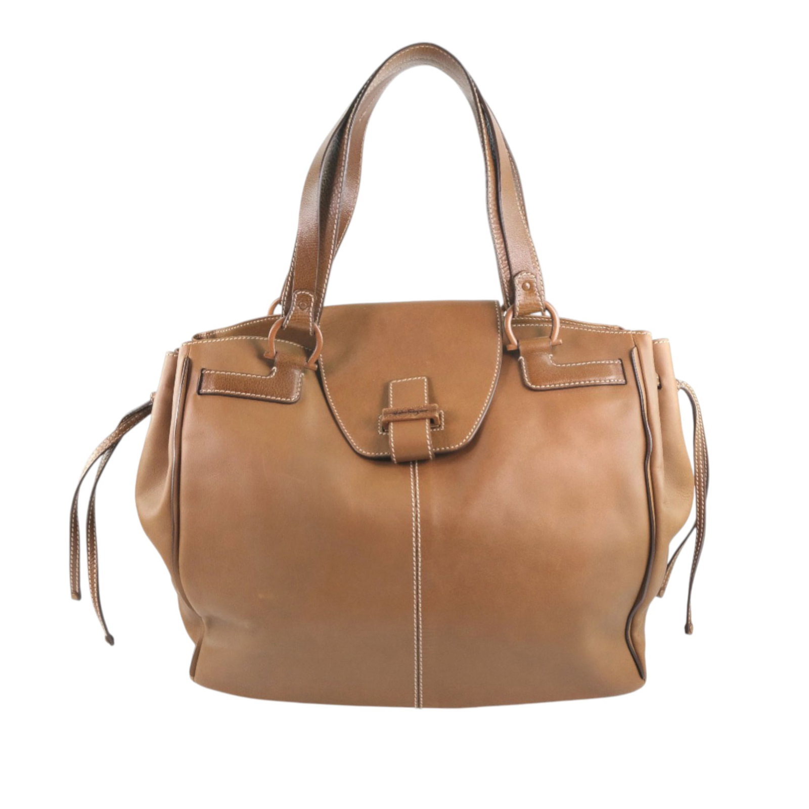 Brown Leather Gancini Tote Bag by Ferragamo with Drawstring Sides: Brown Leather Gancini Tote Bag by Ferragamo with Drawstring Sides This Ferragamo Gancini tote is crafted from brown leather and features side drawstring details, flat leather handles, and a top flap w