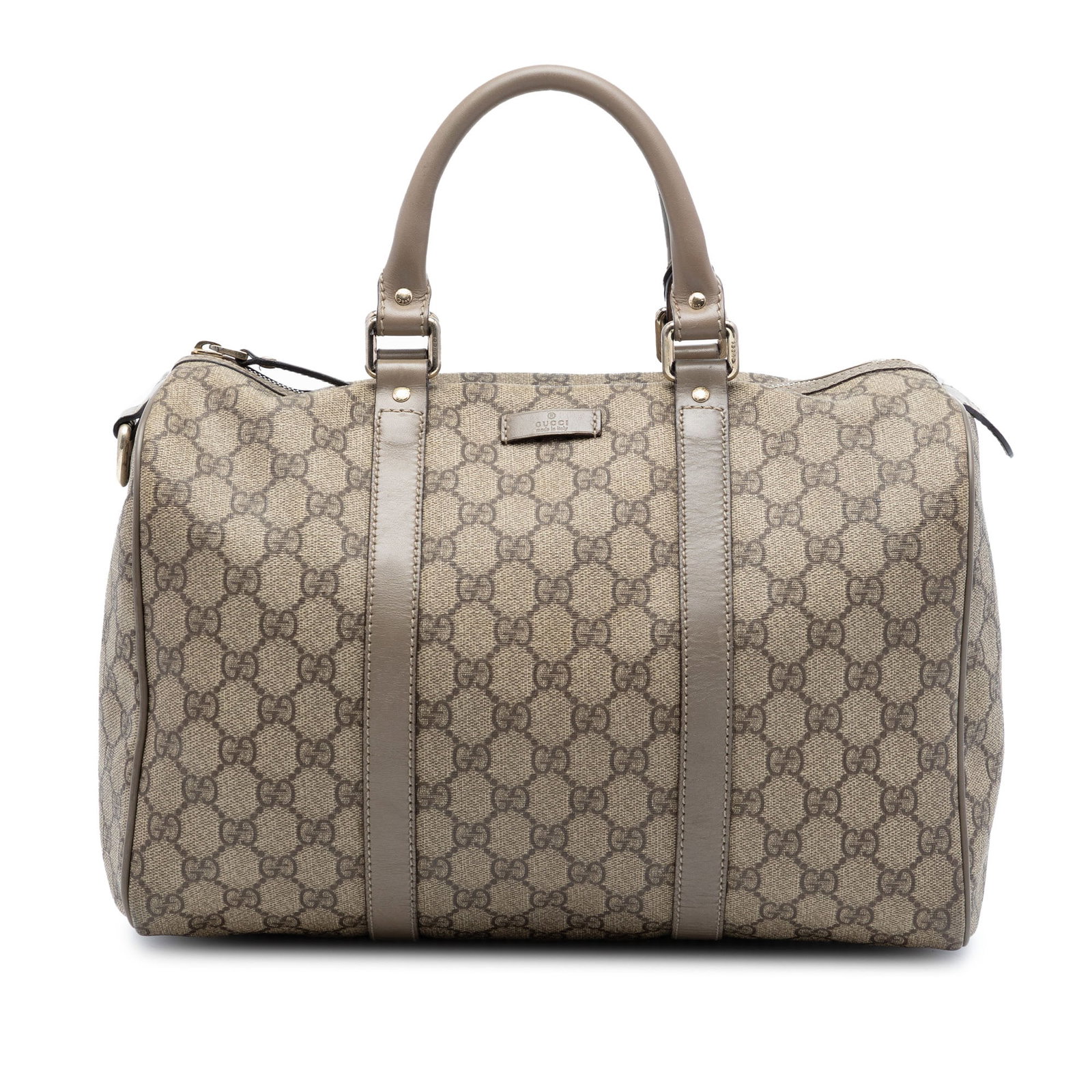 Gucci GG Supreme Joy Boston handbag with leather trim: Gucci GG Supreme Joy Boston handbag with leather trim This medium GG Supreme Joy Boston Bag features Gucci's signature coated canvas with leather trim, rolled leather handles, a top zip closure, and a