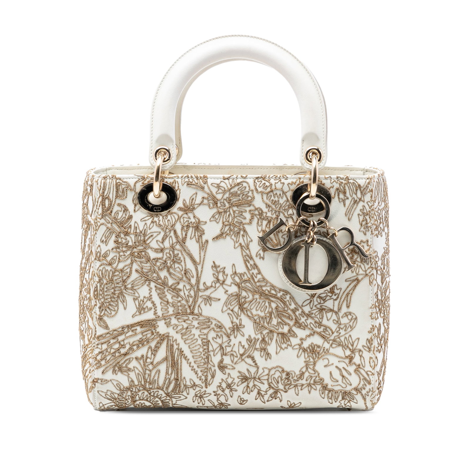 Dior Lady Dior Jardin D Hiver embroidered calfskin satchel medium: Dior Lady Dior Jardin D Hiver embroidered calfskin satchel medium This Lady Dior satchel features an embroidered calfskin leather body in white, complemented by flat leather handles and a top zip clos