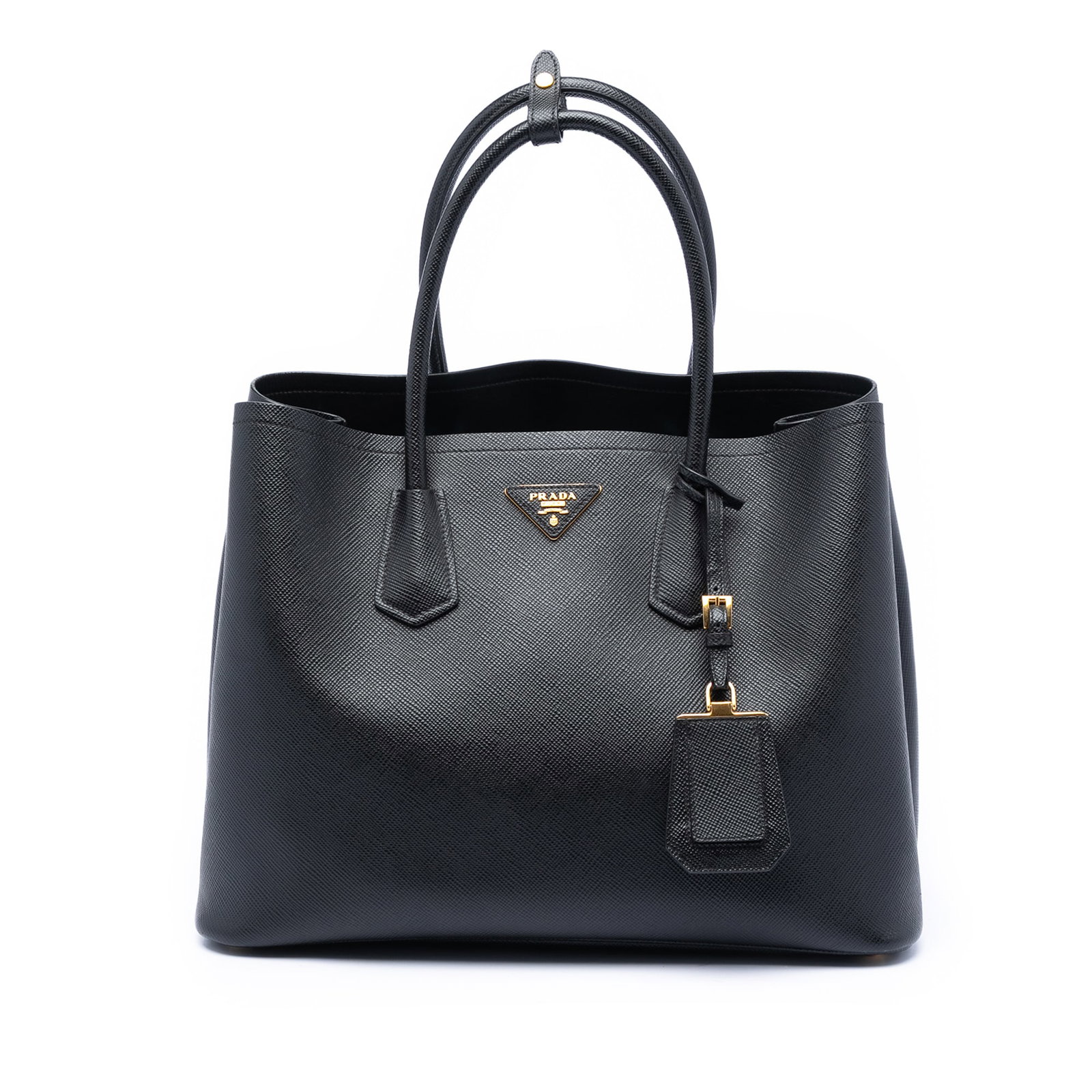 Prada black saffiano leather double satchel medium: Prada black saffiano leather double satchel medium This Prada Medium Saffiano Cuir Double Satchel showcases a sophisticated black saffiano leather body with rolled leather handles and a detachable fla
