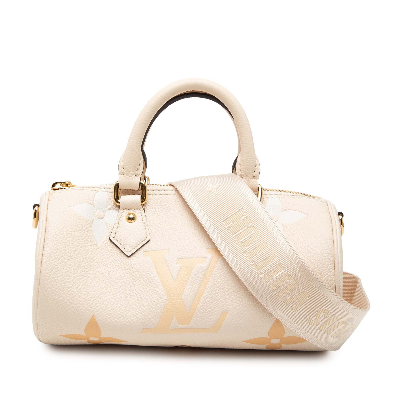 Louis Vuitton Papillon BB Monogram Empreinte Giant Beige Leather Bag: Louis Vuitton Papillon BB Monogram Empreinte Giant Beige Leather Bag The Louis Vuitton Monogram Empreinte Giant By The Pool Papillon BB features an embossed leather body in beige, rolled leather handl