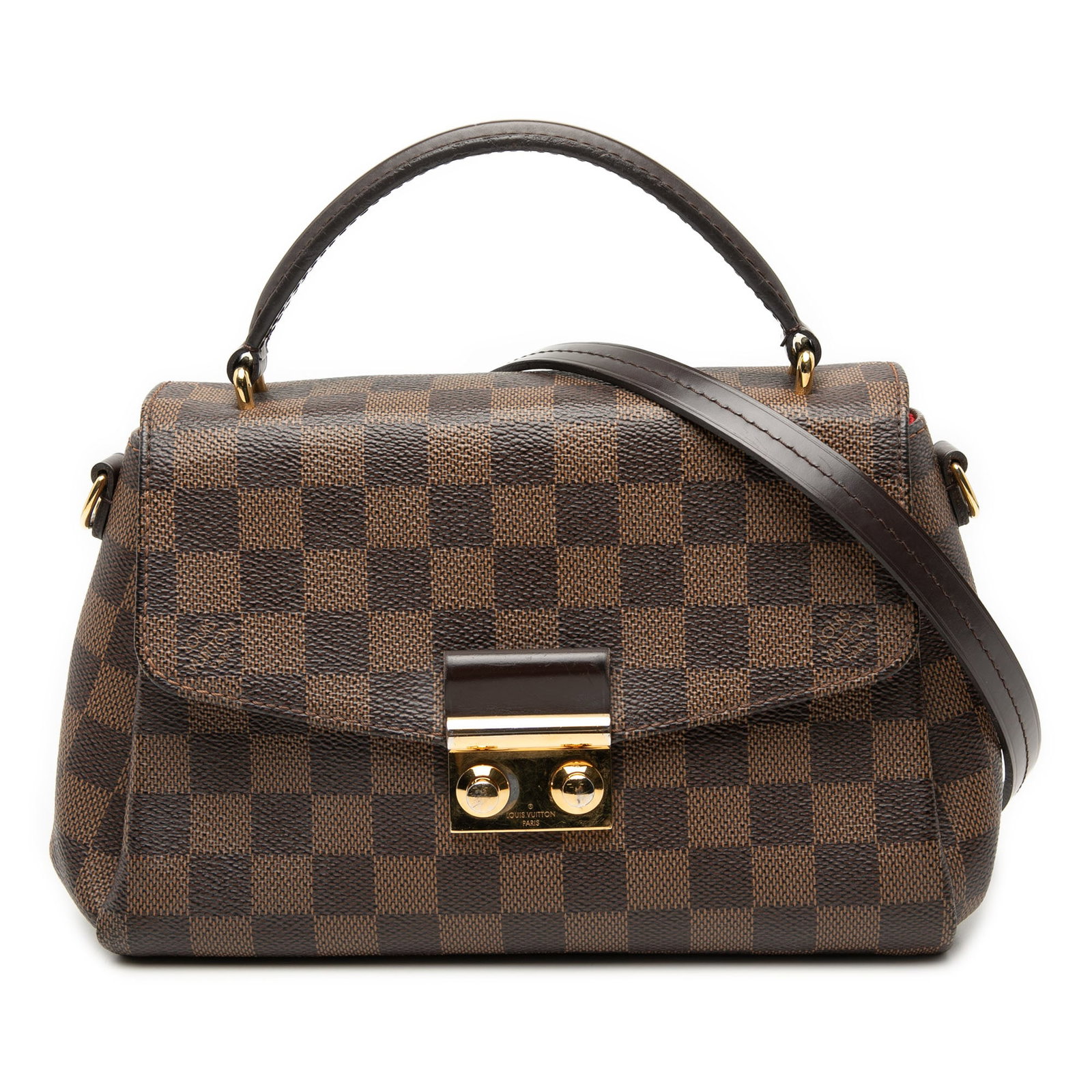 Louis Vuitton Croisette Bag in Damier Ebene Canvas with Leather Trim: Louis Vuitton Croisette Bag in Damier Ebene Canvas with Leather Trim The Louis Vuitton Damier Ebene Croisette features a damier ebene canvas exterior with leather trim, a rolled leather top handle, an