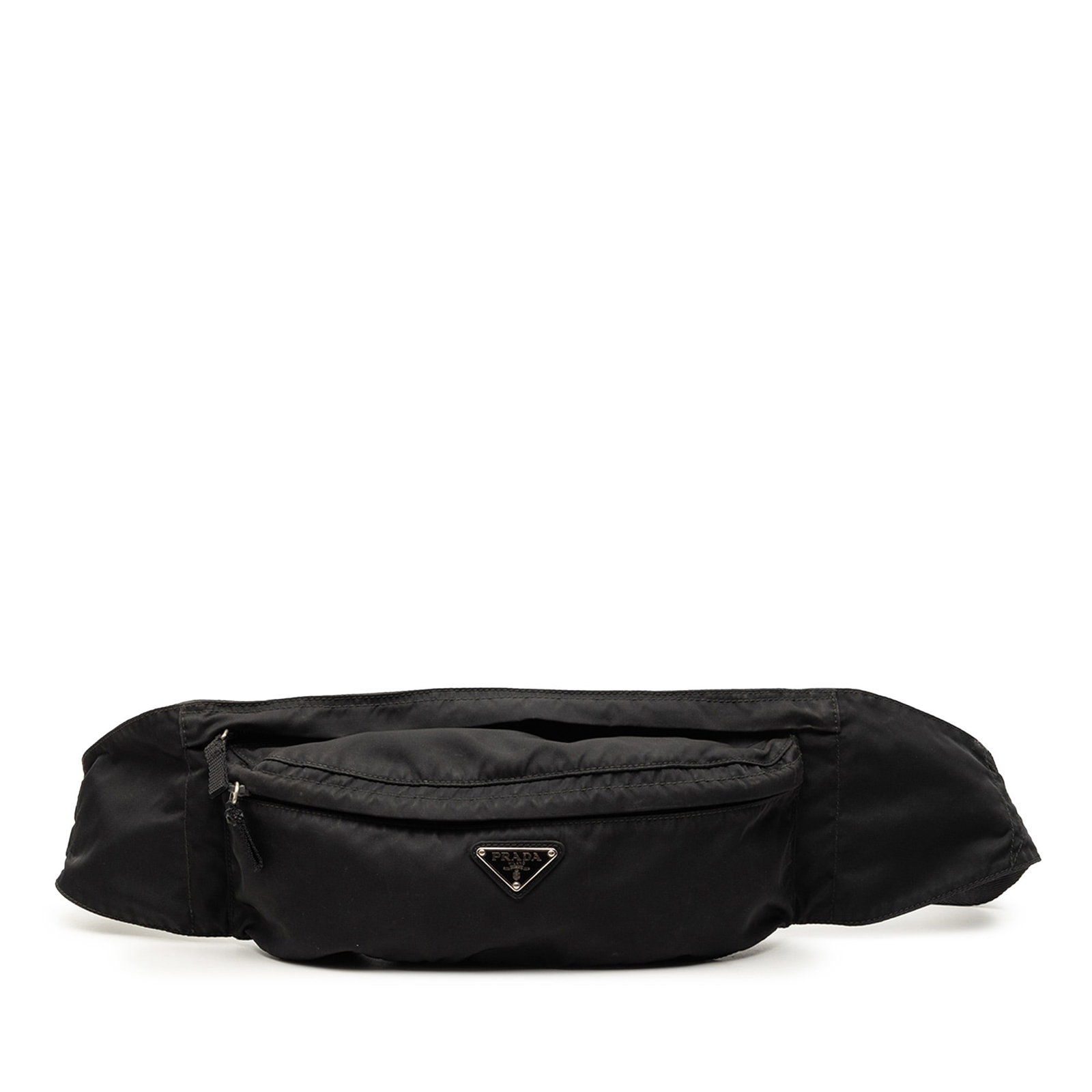 Prada black nylon waist bag Tessuto: Prada black nylon waist bag Tessuto This Prada Tessuto Belt Bag features a durable black nylon body with an adjustable flat waist strap, a top zip closure, and an exterior front zip pocket. The bag sh