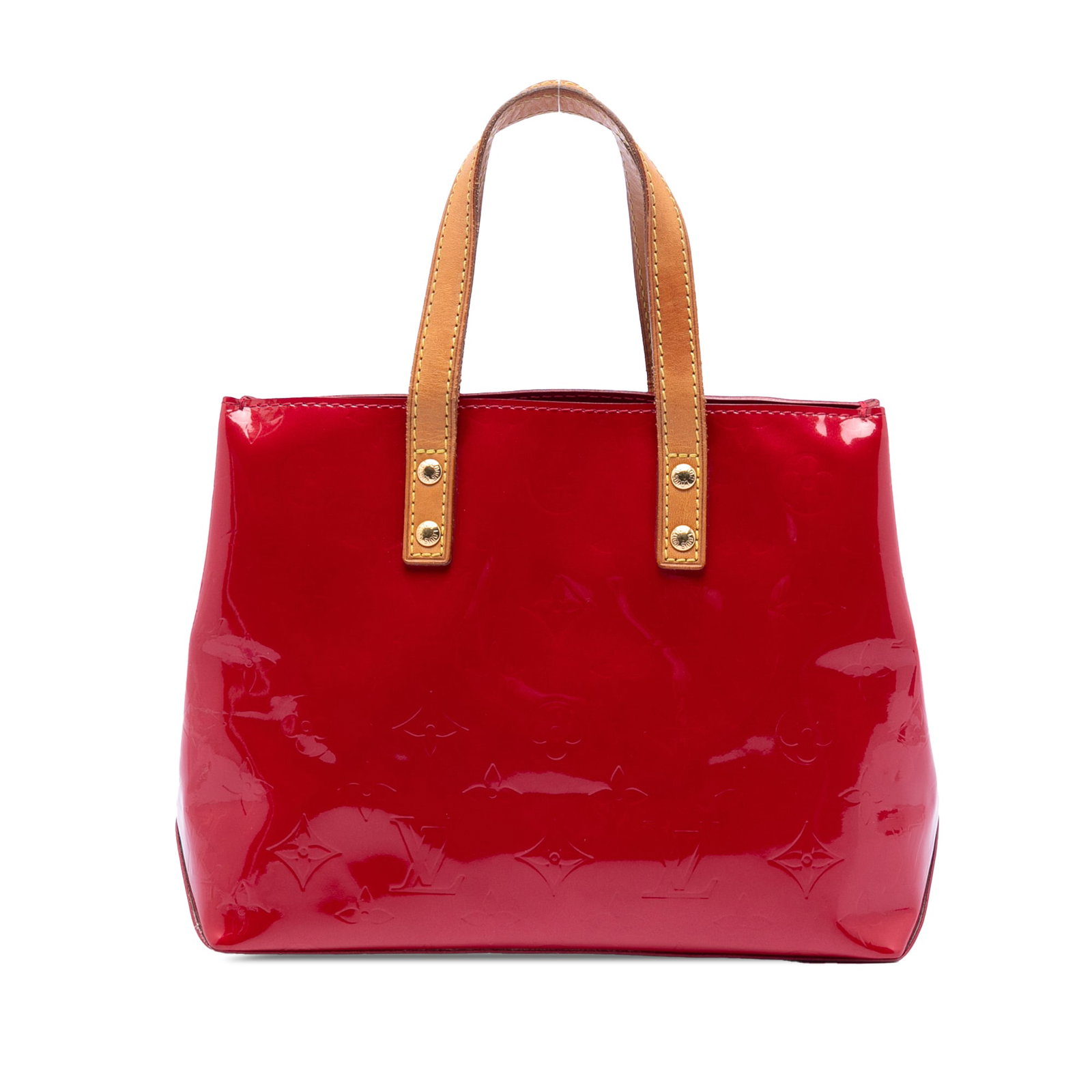 Louis Vuitton Reade PM Monogram Vernis red leather tote: Louis Vuitton Reade PM Monogram Vernis red leather tote This Louis Vuitton Monogram Vernis Reade PM features a vernis leather body with a glossy finish and flat vachetta leather handles. The bag has a