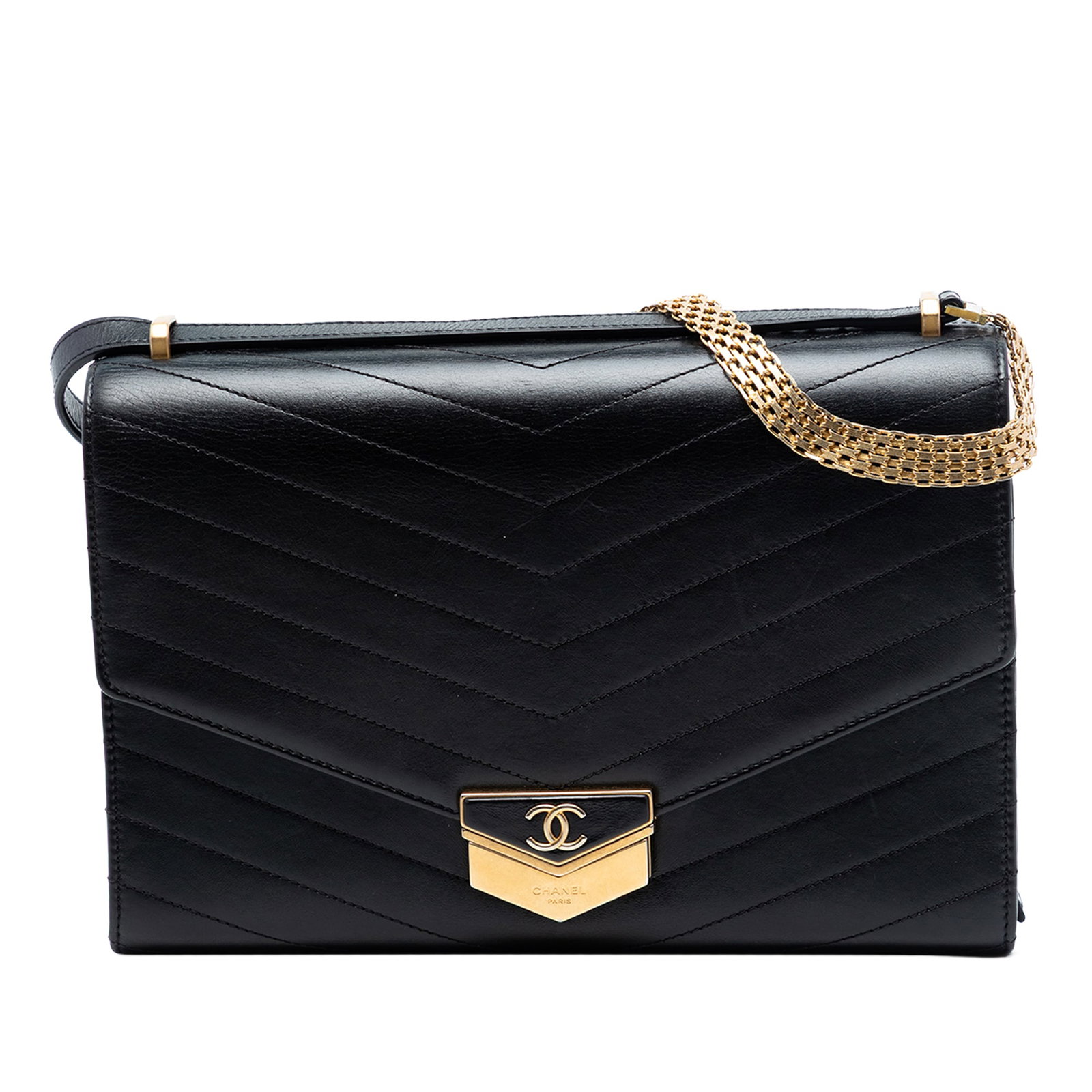 Chanel Black Chevron Quilted Calfskin Medal Flap Shoulder Bag: Chanel Black Chevron Quilted Calfskin Medal Flap Shoulder Bag The Chanel CC Chevron Calfskin Medal Flap bag features a quilted leather body with a chevron pattern, a flat leather strap accented by gol