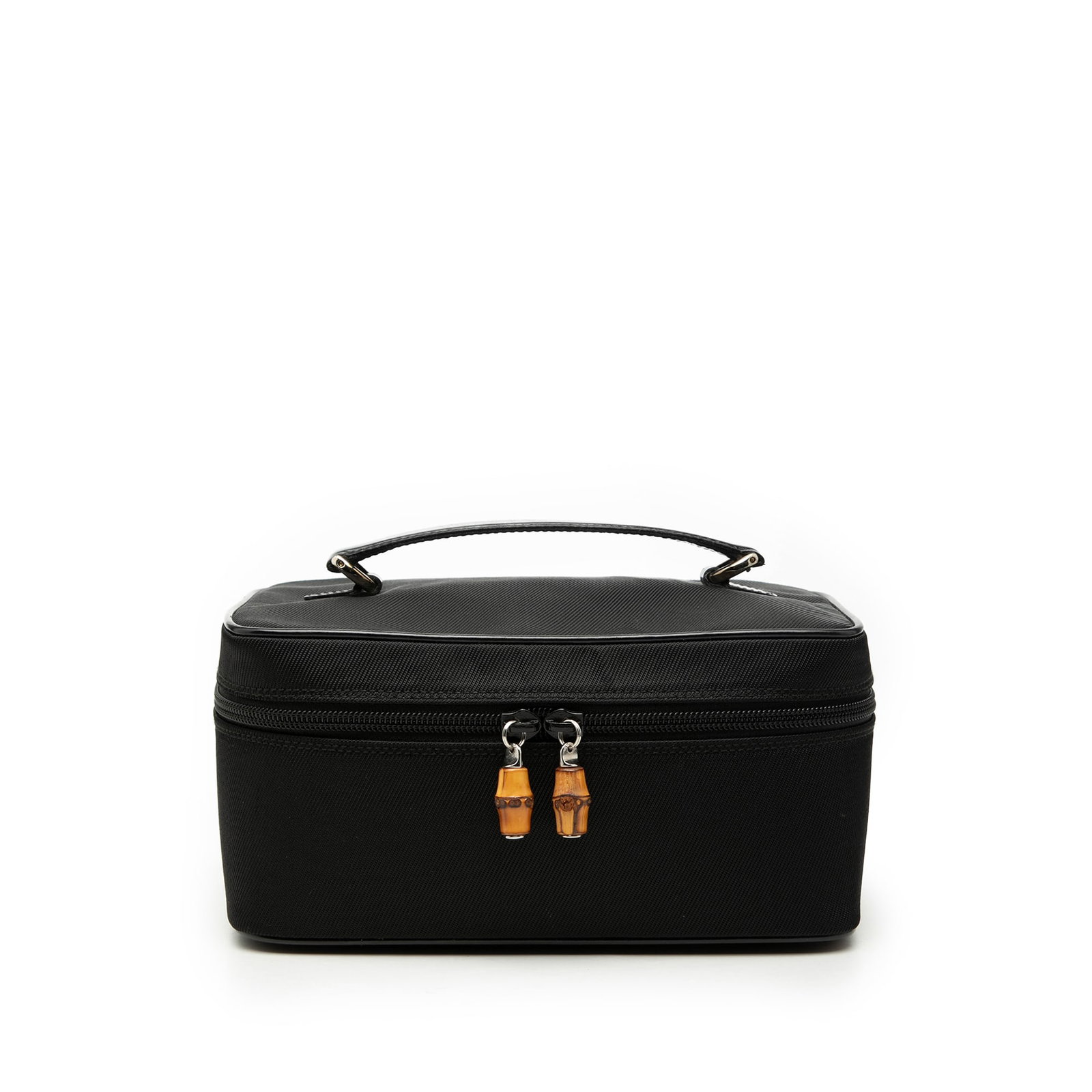 Gucci black nylon vanity bag with bamboo detail: Gucci black nylon vanity bag with bamboo detail This Gucci vanity bag features a durable black nylon body accented with bamboo details on the zip-around closure and a flat leather top handle. Made in 