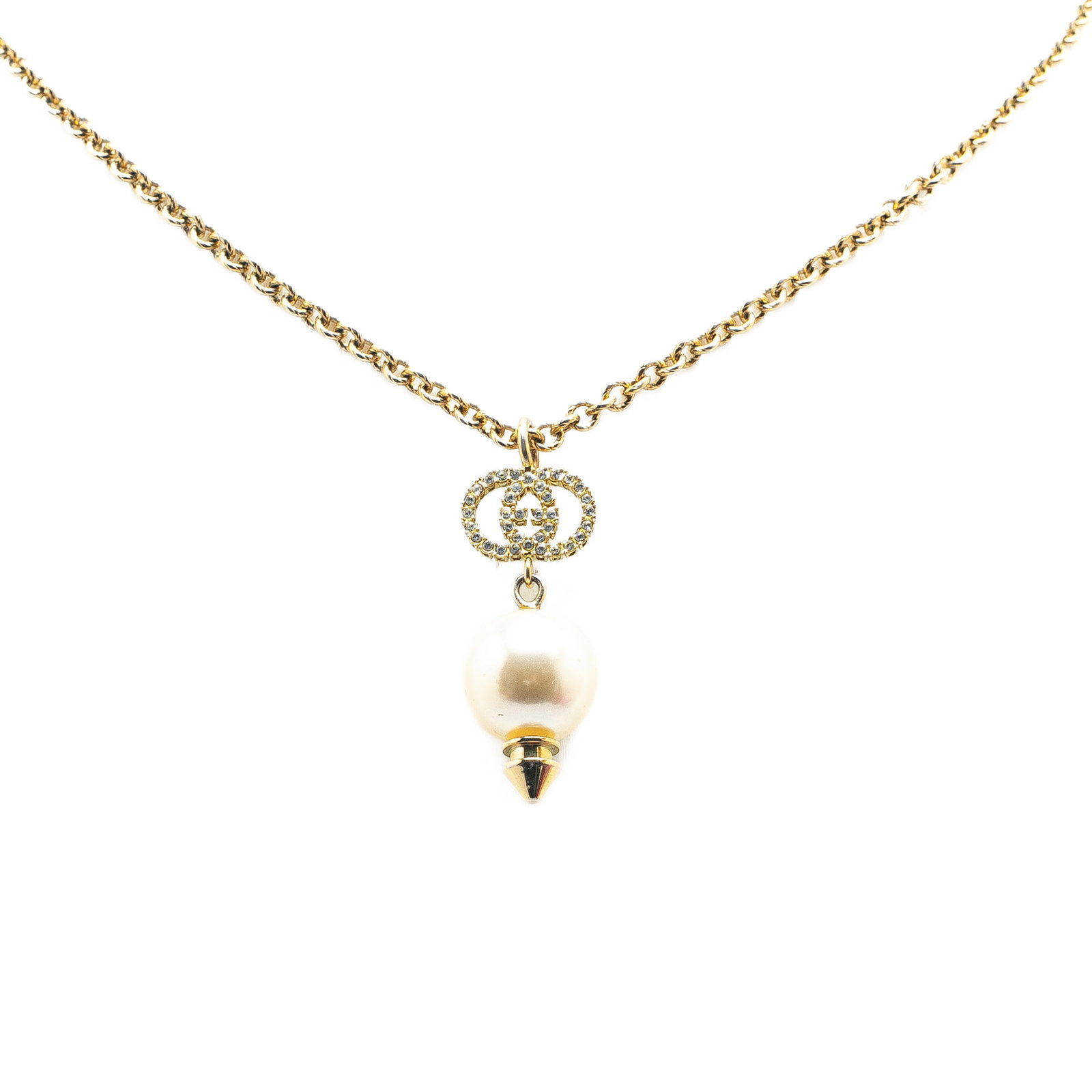 Gucci GG faux pearl drop necklace gold plated Italy: Gucci GG faux pearl drop necklace gold plated Italy This Gucci necklace features a gold-tone metal chain and a faux pearl drop pendant, finished with a lobster claw closure. Made in Italy, it showcase