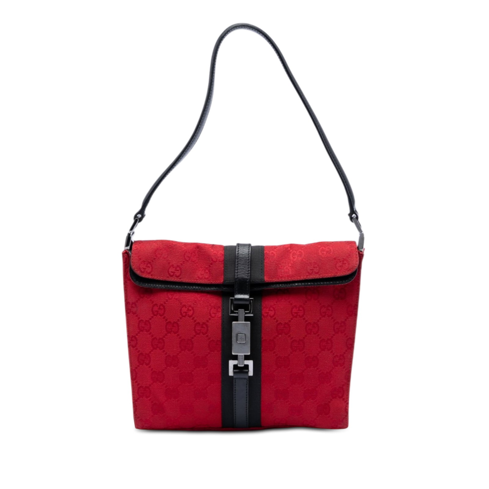 Gucci Jackie red canvas shoulder bag: Gucci Jackie red canvas shoulder bag This Gucci GG Canvas Jackie Shoulder Bag features a canvas body with leather trim, a flat leather strap, a fold-over top with a geometric piston lock closure, and 