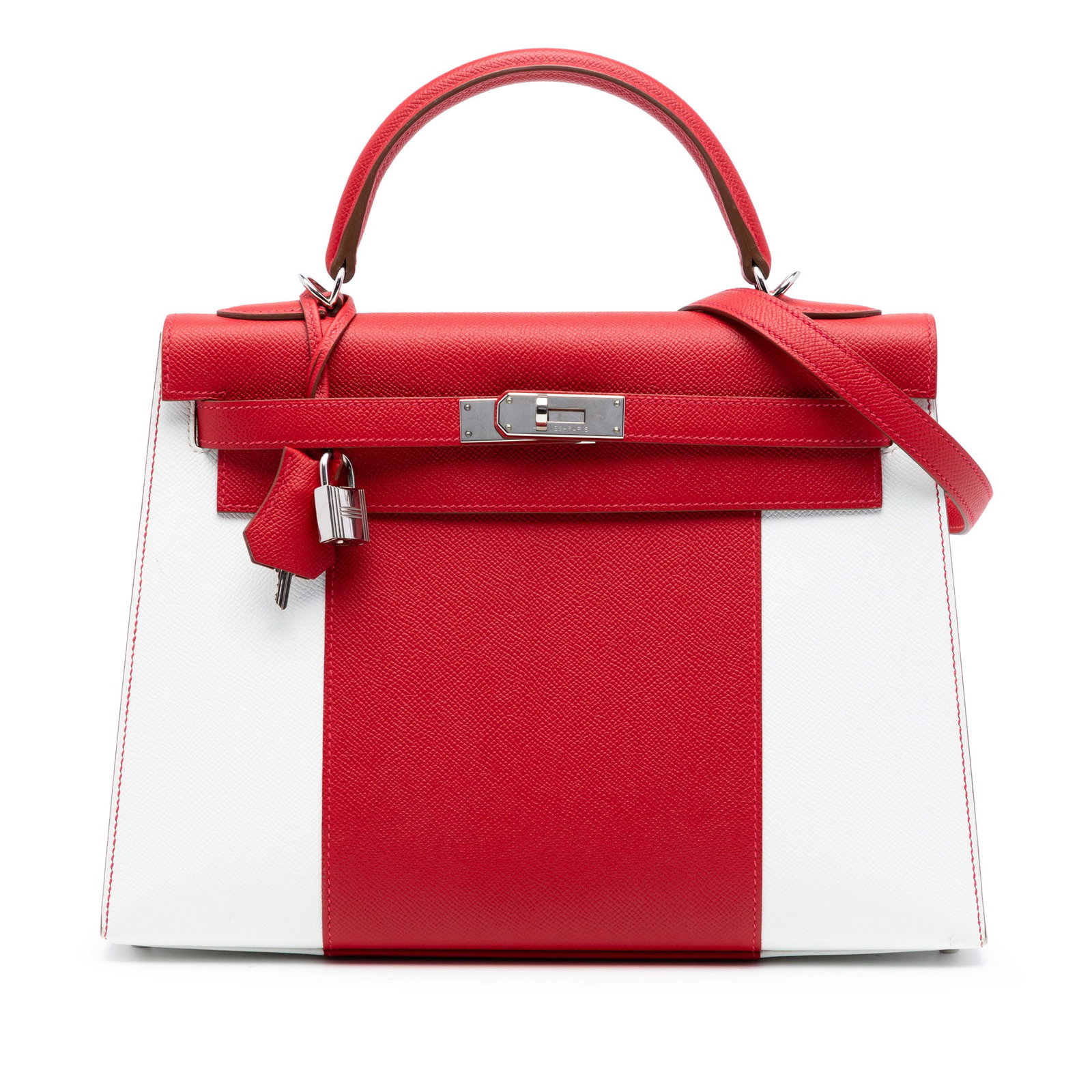 Hermes Kelly 32 Bicolor Epsom Sellier Bag: Hermes Kelly 32 Bicolor Epsom Sellier Bag This Hermes Bicolor Epsom Kelly Flag Sellier 32 handbag features a structured silhouette crafted from Epsom leather in Rouge Casaque and White. It is designed