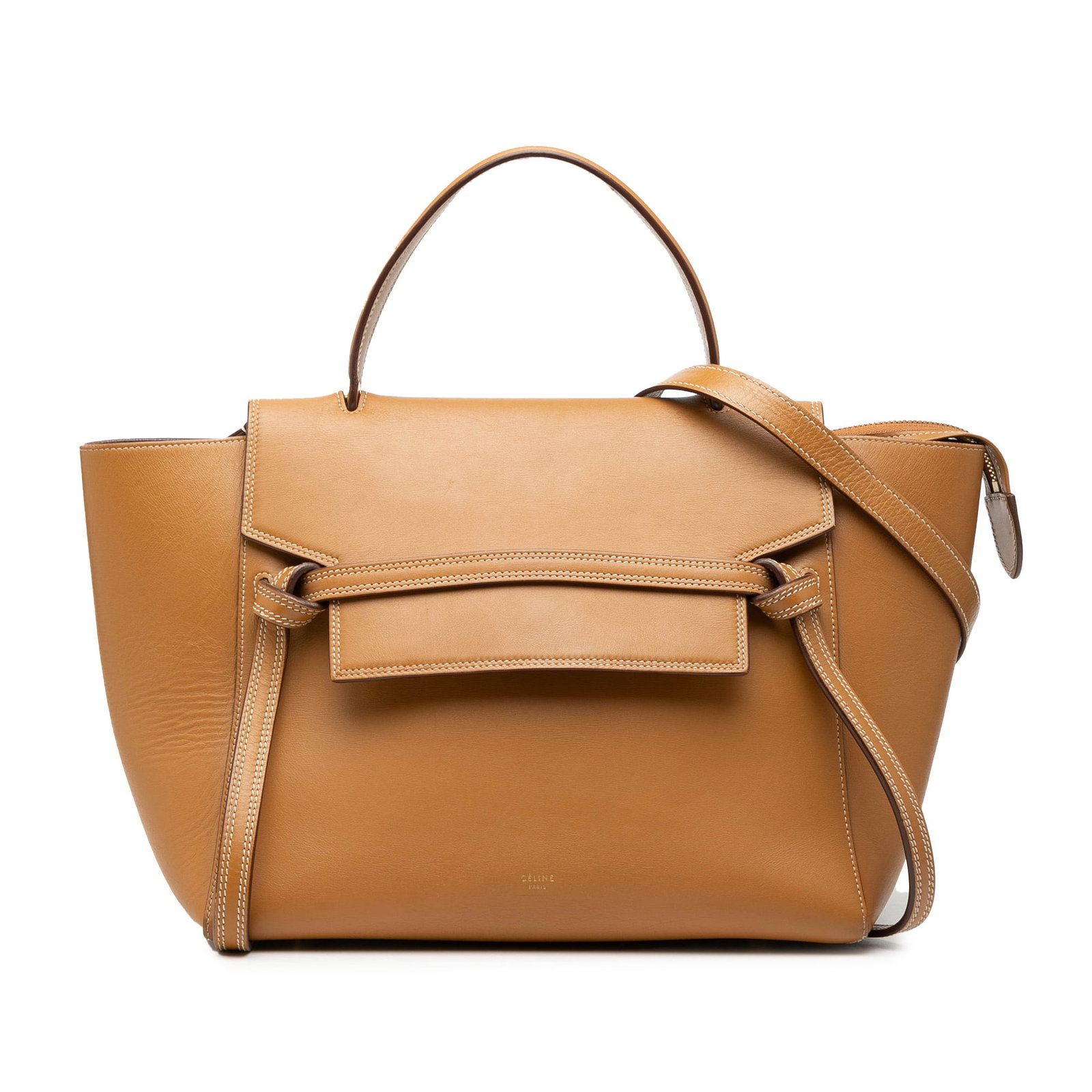 Celine Mini Belt Bag in Smooth Brown Calfskin Leather: Celine Mini Belt Bag in Smooth Brown Calfskin Leather This Celine Mini Smooth Calfskin Belt Bag features a brown leather body, a flat leather handle, and a detachable flat leather strap. It is designe