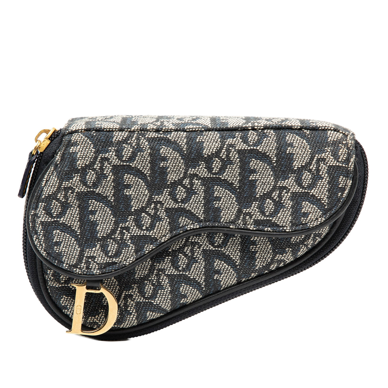 Diorissimo canvas pouch with leather trim and front flap: Diorissimo canvas pouch with leather trim and front flap This Diorissimo Canvas Saddle Pouch features a blue canvas body with leather trim, a front flap, and a zip-around closure. The pouch shows sign
