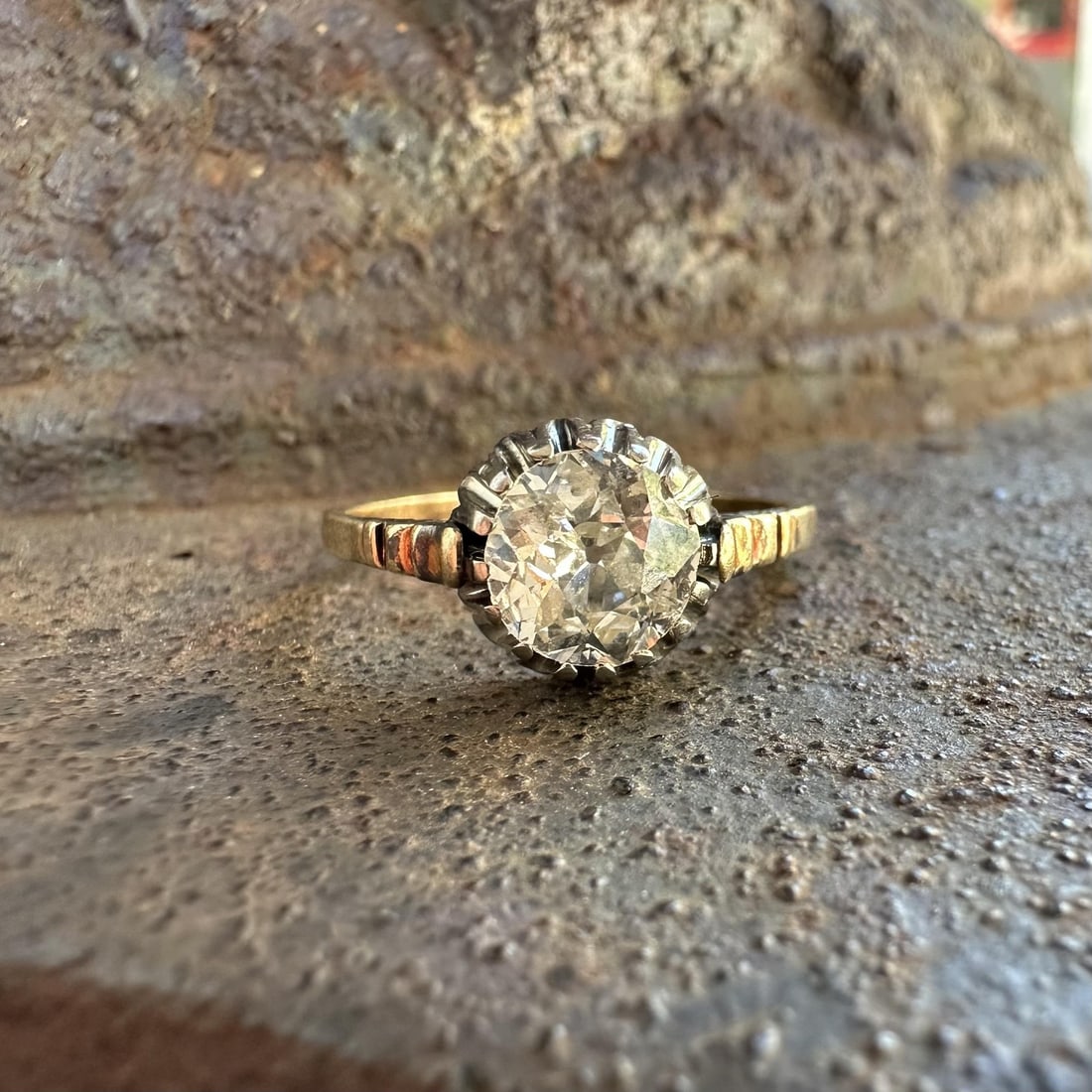 Victorian 13 14k Yellow Gold Diamond Solitaire Ring 1.25ct Old Mine Cut: Victorian 13 14k Yellow Gold Diamond Solitaire Ring 1.25ct Old Mine Cut This antique Victorian engagement ring features a 1.25 carat old mine cut natural diamond solitaire, set in solid 13-14k yellow 