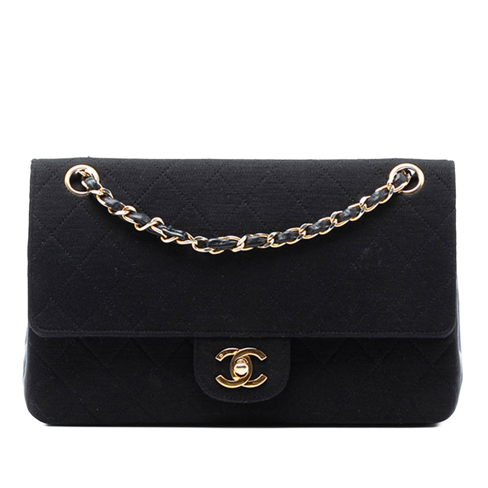 Black Jersey Quilted Medium Classic Double Flap Shoulder Bag by Chanel: Black Jersey Quilted Medium Classic Double Flap Shoulder Bag by Chanel This Chanel Medium Classic Jersey Double Flap shoulder bag features a black quilted jersey fabric body with leather-woven chain s