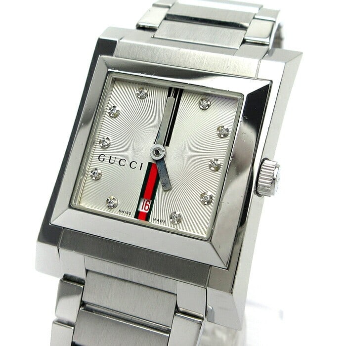 Gucci 111J quartz diamond dial stainless steel wristwatch: Gucci 111J quartz diamond dial stainless steel wristwatch This pre-owned Gucci 111J Webbing Line Boys' Wristwatch features a stainless steel case and bracelet, accented by the signature green and red 