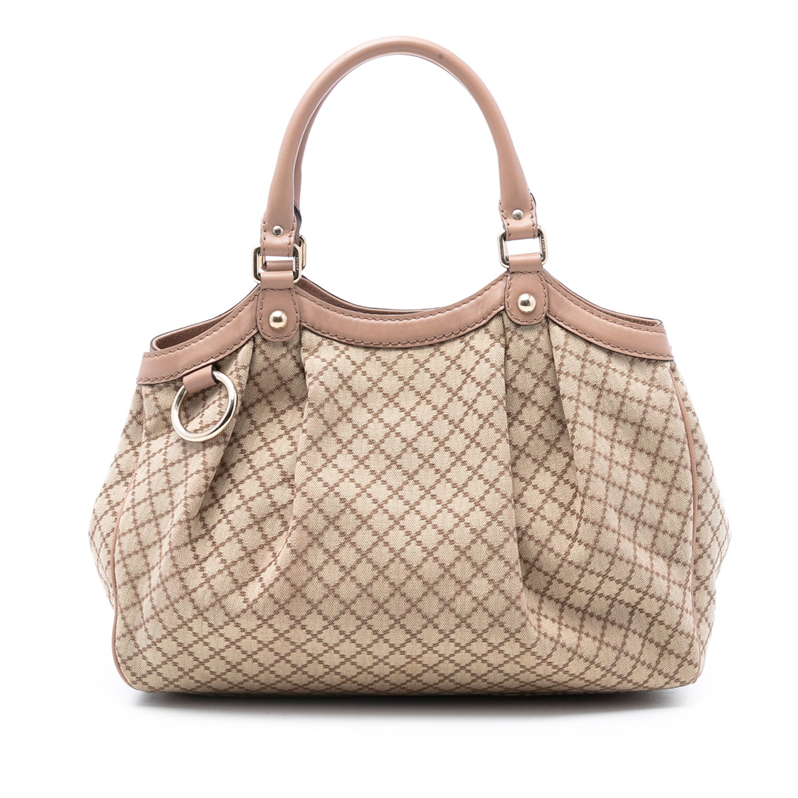 Gucci Sukey Tote Medium Diamante Canvas with Leather Trim: Gucci Sukey Tote Medium Diamante Canvas with Leather Trim The Gucci Medium Diamante Canvas Sukey Tote features a beige canvas body with leather trim and rolled leather handles. It has an open top with