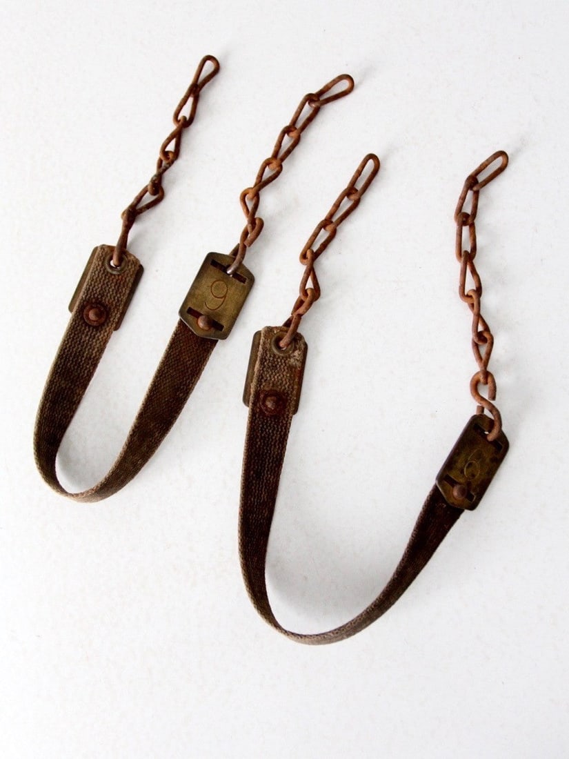 Vintage Canvas Straps with Brass Numbers 6 and 9: Vintage Canvas Straps with Brass Numbers 6 and 9 Enhance your vintage collection with this unique pair of straps featuring rustic chains and distinctive brass numbers. These canvas straps showcase a c