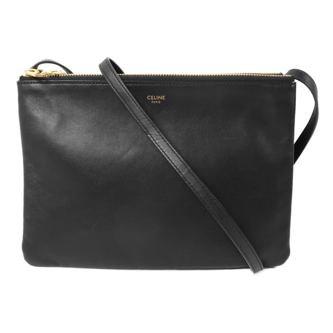 CELINE Trio black calfskin women shoulder bag GHW: CELINE Trio black calfskin women shoulder bag GHW This CELINE Trio shoulder bag features a sleek black calfskin leather exterior and gold-tone hardware. Designed for women, it offers a compact and fun
