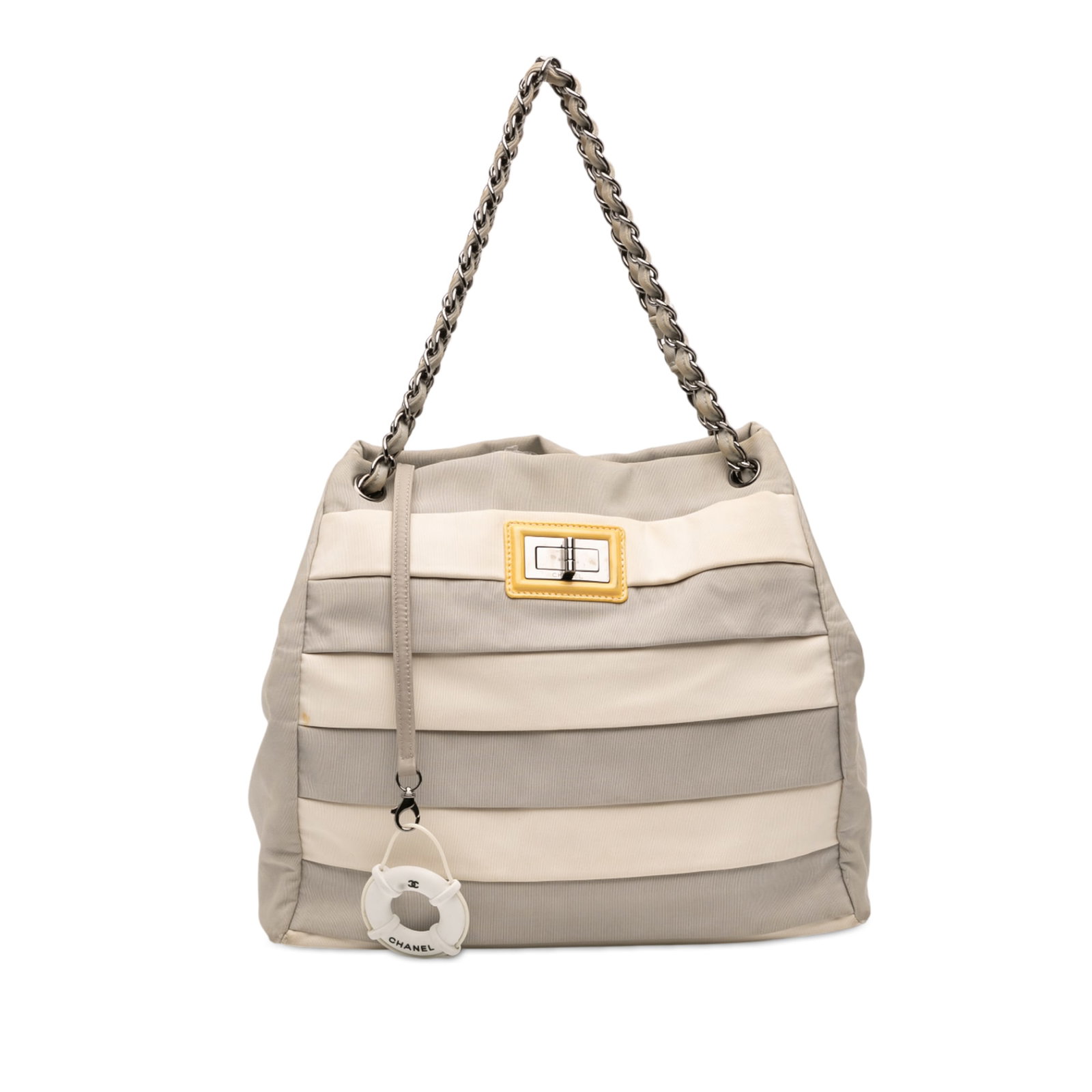 Chanel Reissue 2.55 Bicolor Nylon Grosgrain Shoulder Tote Bag: Chanel Reissue 2.55 Bicolor Nylon Grosgrain Shoulder Tote Bag This Chanel Bicolor Nylon Grosgrain Reissue 2.55 Shopping Tote features a durable nylon body with a woven chain link shoulder strap, an op