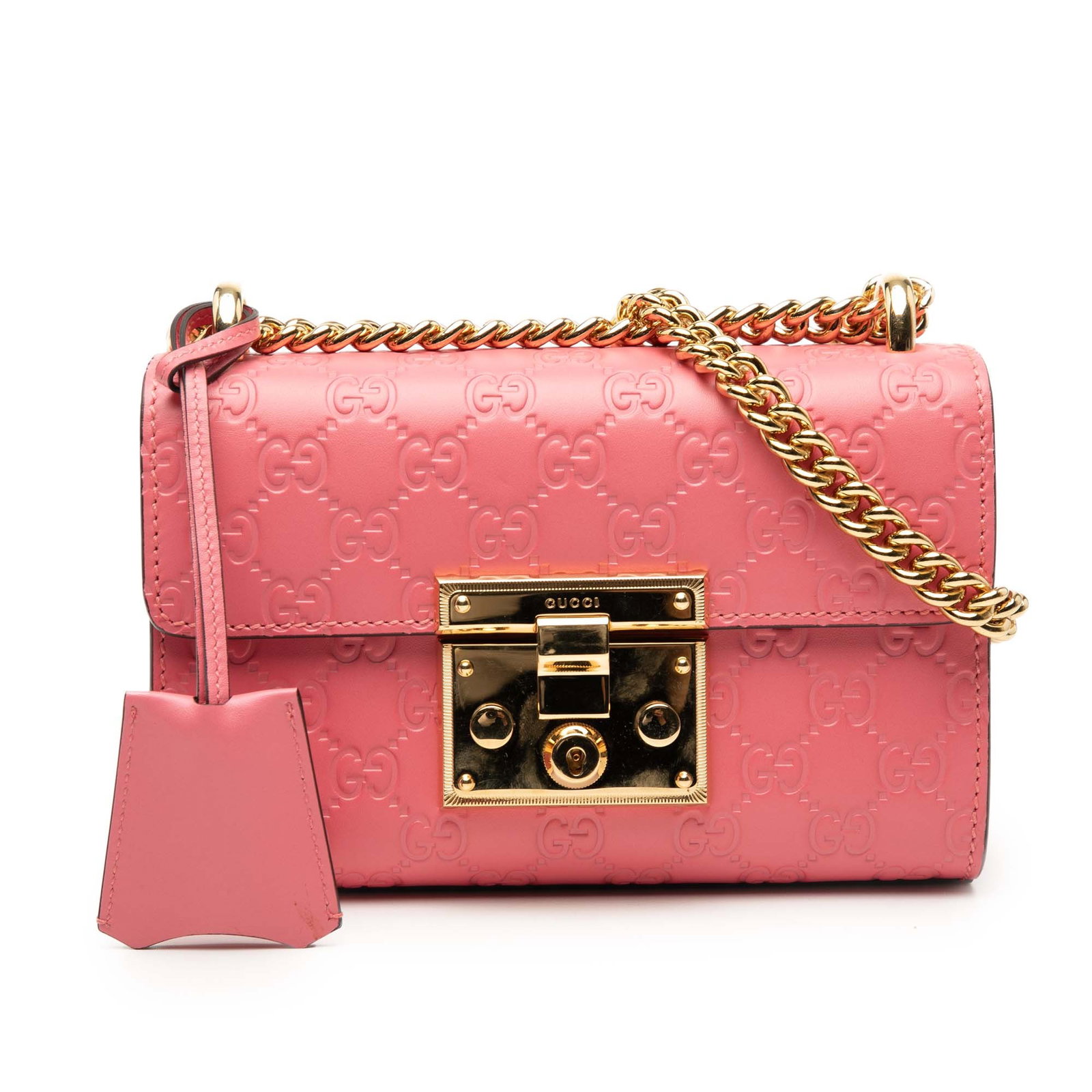 Gucci pink embossed leather chain crossbody padlock bag: Gucci pink embossed leather chain crossbody padlock bag This Small Guccissima Padlock Crossbody bag is crafted from embossed pink leather and features gold-tone chain straps. It has a front flap with 