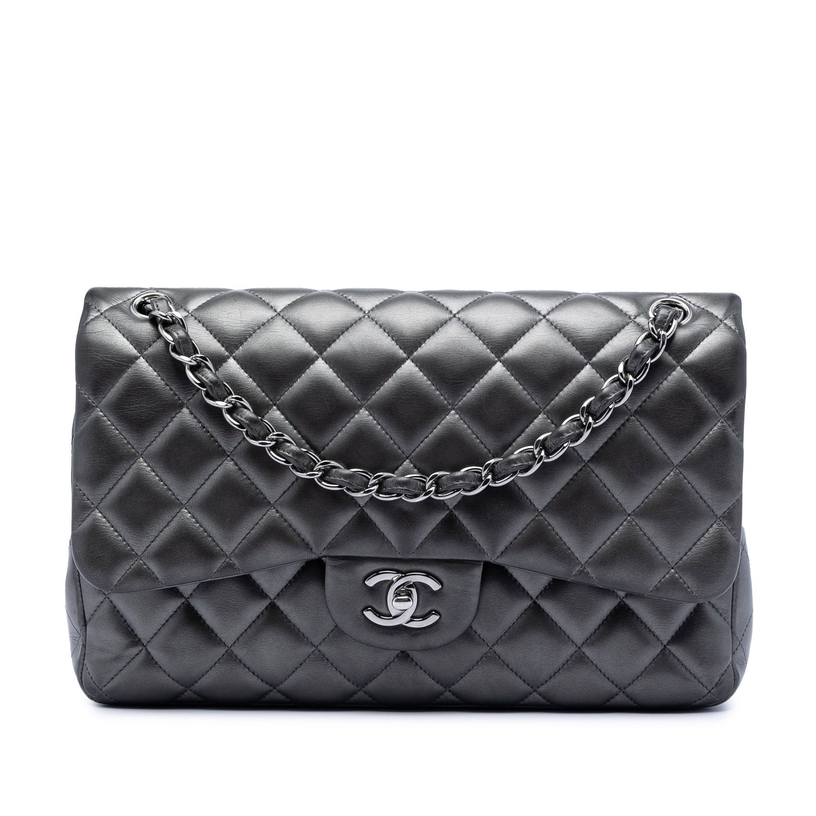 Chanel gray lambskin quilted flap shoulder bag Jumbo Classic (1 of 8)