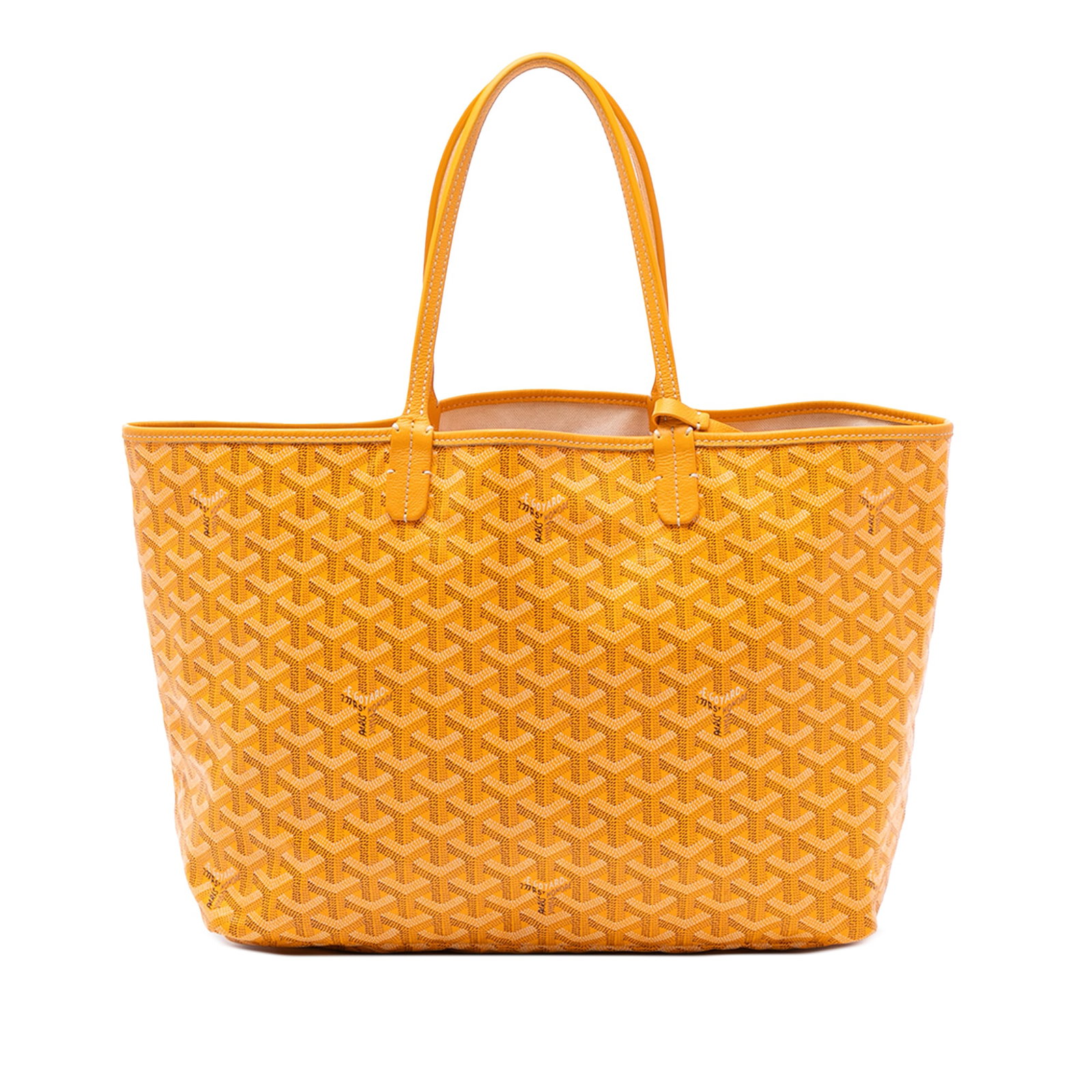 Goyard Saint Louis PM Yellow Coated Canvas Tote with Pouch: Goyard Saint Louis PM Yellow Coated Canvas Tote with Pouch The Goyardine Saint Louis PM is a stylish tote bag featuring a coated canvas body with leather trim, flat leather handles, an open top design