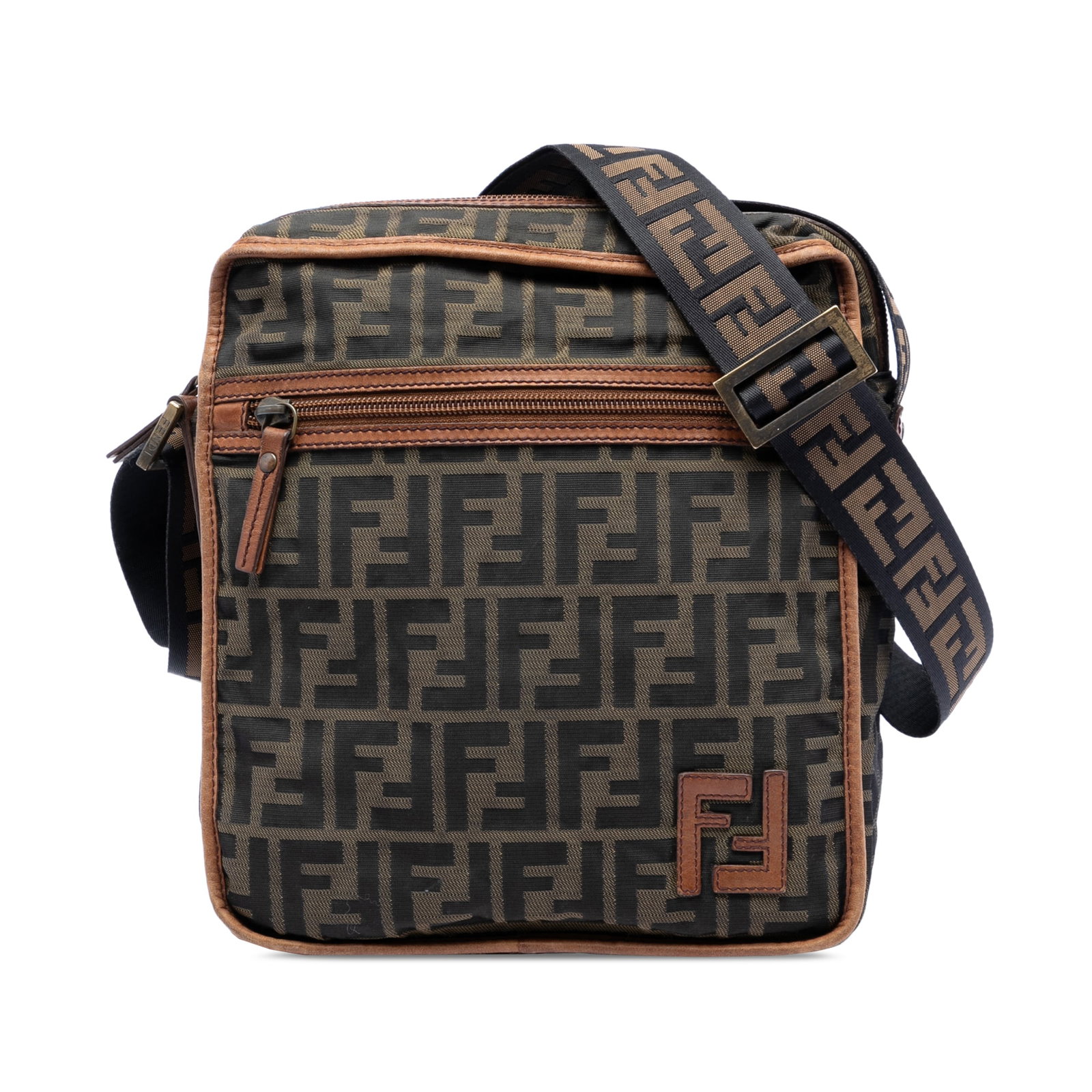 Fendi Zucca Canvas Brown Crossbody Bag: Fendi Zucca Canvas Brown Crossbody Bag This Fendi Zucca Canvas Crossbody bag features a durable canvas body with leather trim, complemented by a flat nylon shoulder strap. It offers practical storage 