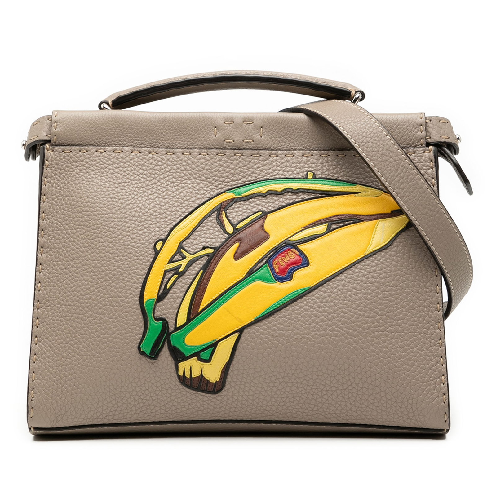 Fendi Peekaboo Mini Selleria Banana Leather Satchel by Sue Tilley: Fendi Peekaboo Mini Selleria Banana Leather Satchel by Sue Tilley This Fendi Sue Tilley Mini Calfskin Romano Selleria Banana Peekaboo Iconic Fit Satchel features a printed leather body, a flat leather