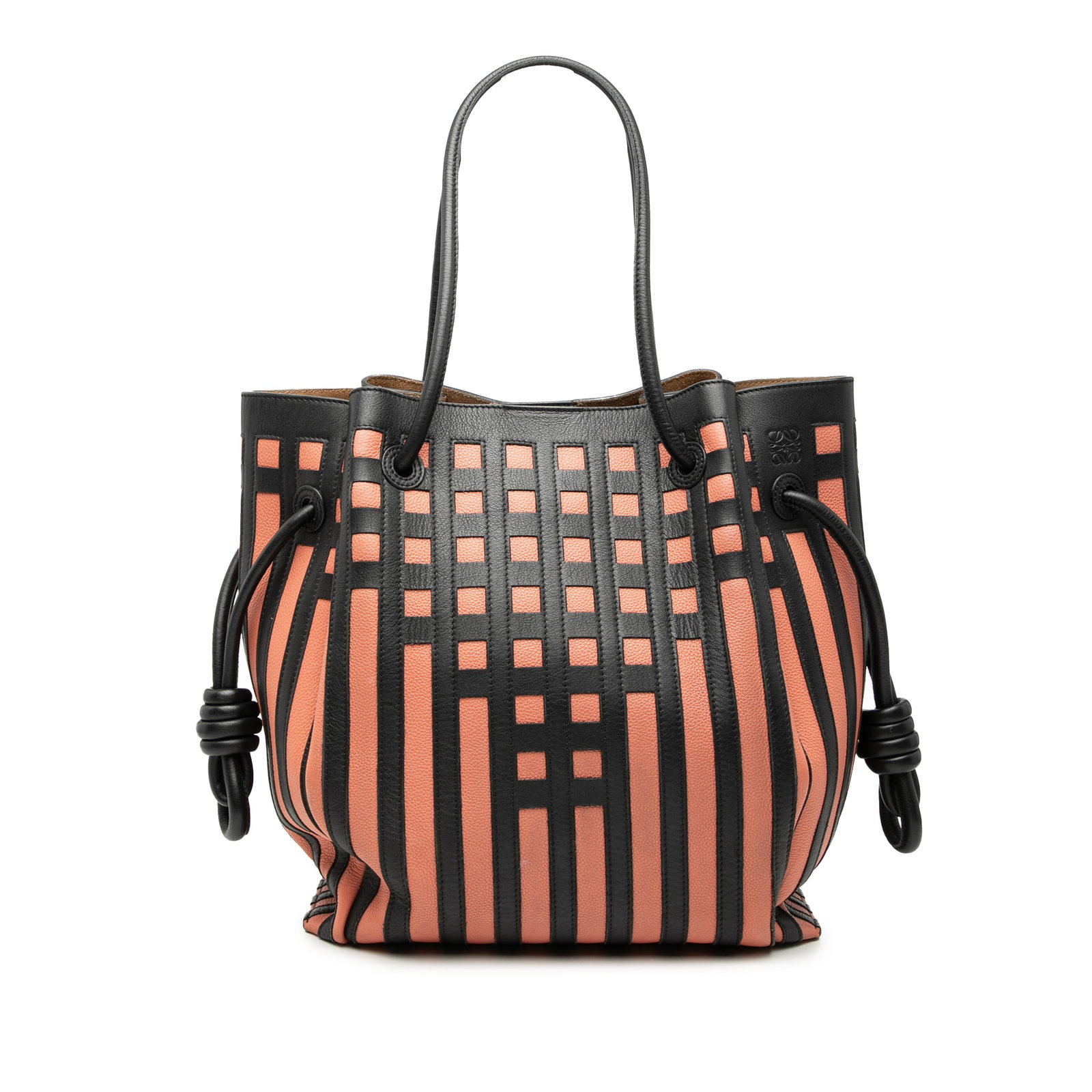 Pink Leather Flamenco Knot Tote by Loewe with Grid Design: Pink Leather Flamenco Knot Tote by Loewe with Grid Design This Loewe Flamenco Knot tote features a leather body in pink, rolled straps, an open top with magnetic snap closure, and interior zip and sli