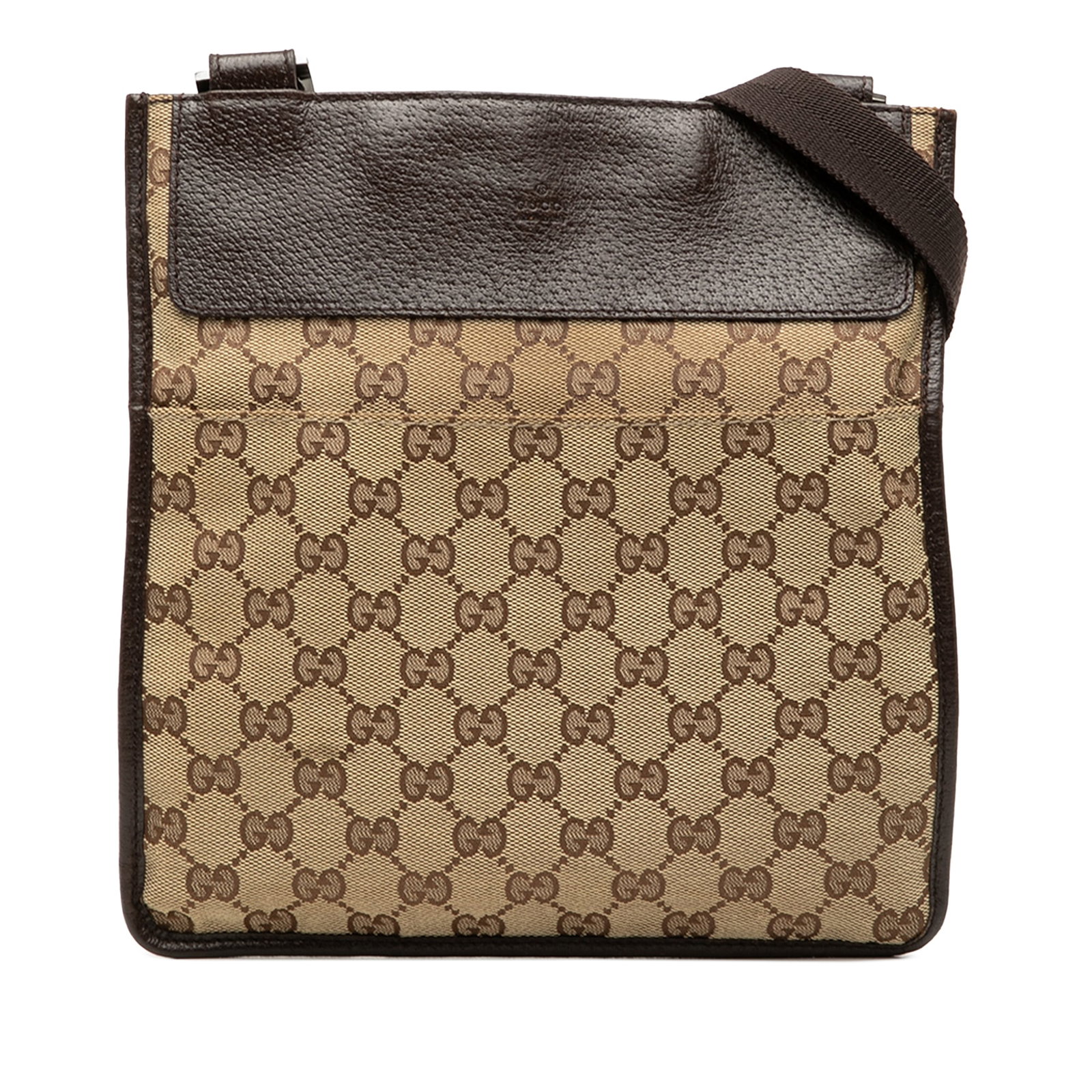 Gucci GG Canvas beige crossbody bag with leather trim: Gucci GG Canvas beige crossbody bag with leather trim This Gucci GG Canvas Crossbody bag showcases a beige canvas body with leather trim, designed with an adjustable flat strap for comfortable wear. I