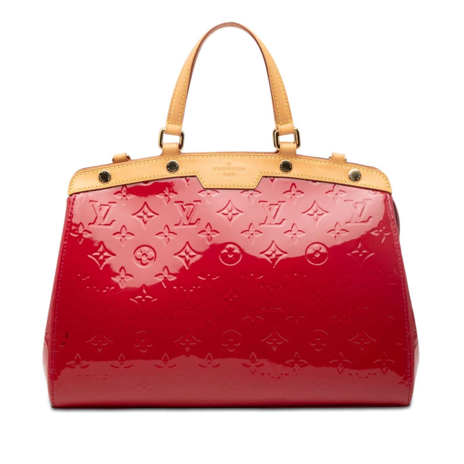 Louis Vuitton Brea MM Vernis leather red bag: Louis Vuitton Brea MM Vernis leather red bag This Louis Vuitton Monogram Vernis Brea MM features a glossy vernis leather body in red, complemented by flat vachetta leather handles. The bag is designed
