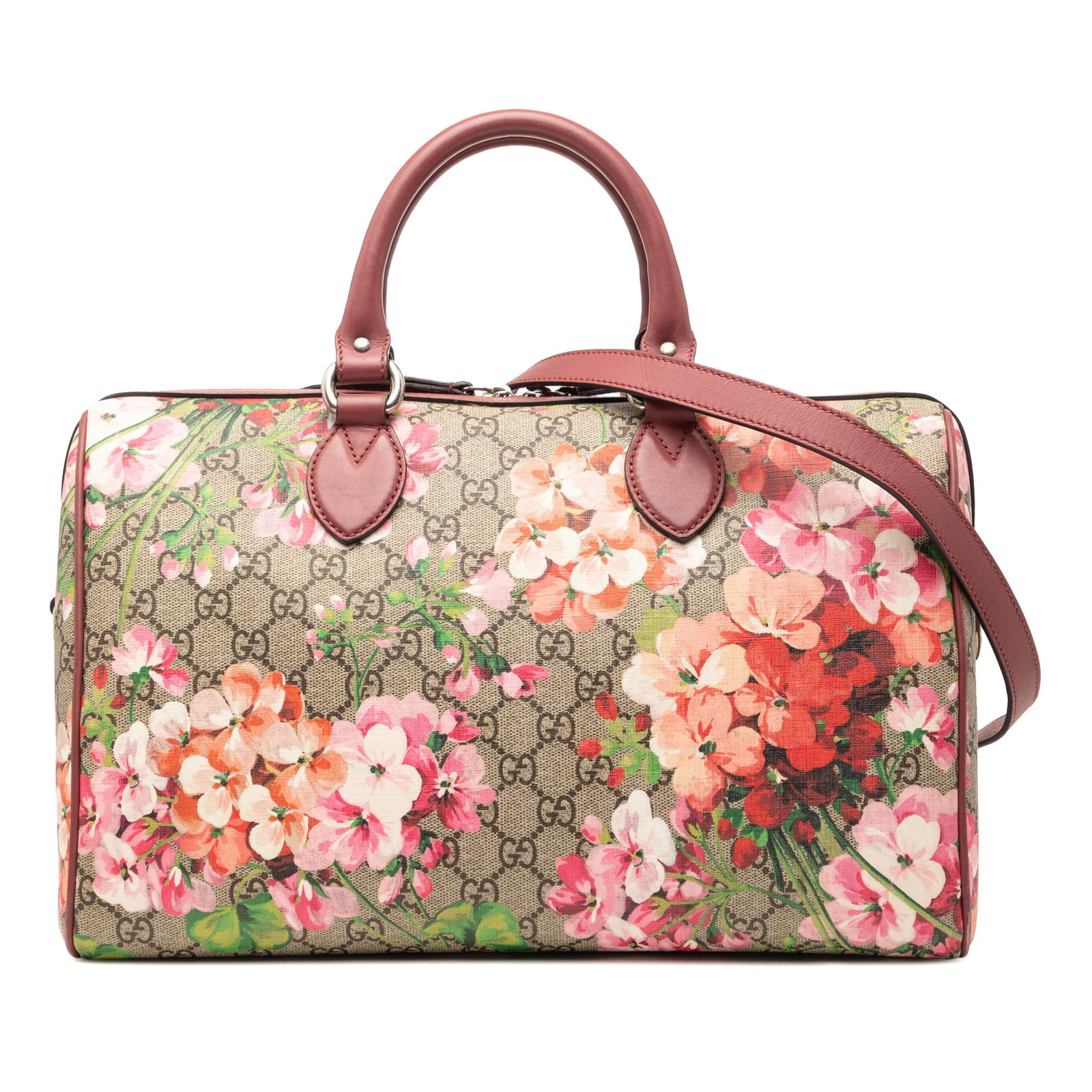 Gucci GG Supreme Blooms beige satchel with strap: Gucci GG Supreme Blooms beige satchel with strap This Gucci Medium GG Supreme Blooms Satchel is crafted from printed coated canvas with leather trim. It features rolled leather handles, a detachable f