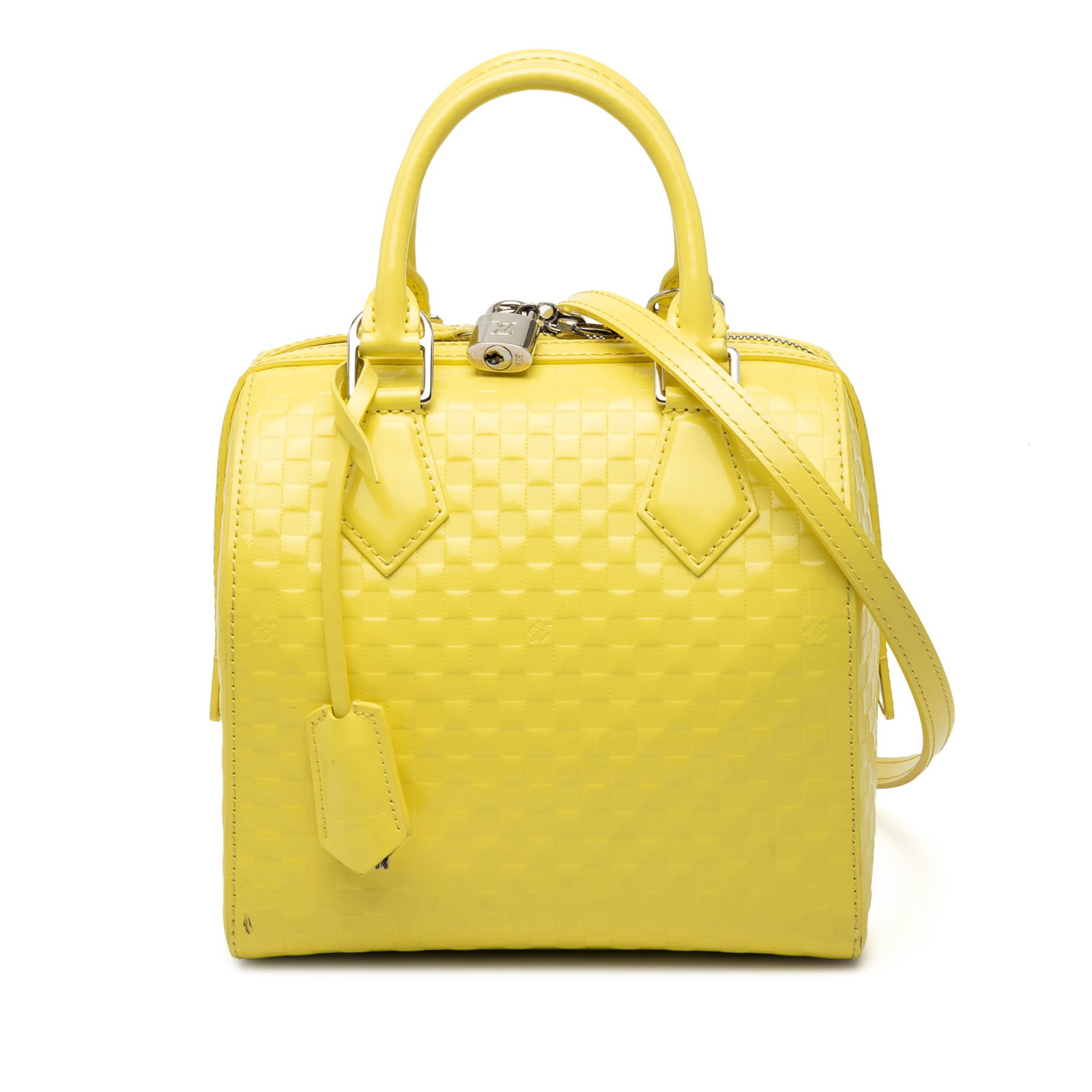 Louis Vuitton Damier Facette Speedy Cube PM leather bag: Louis Vuitton Damier Facette Speedy Cube PM leather bag The Louis Vuitton Damier Facette Speedy Cube PM is a stylish handbag crafted from leather in a vibrant yellow color. It features rolled leather 