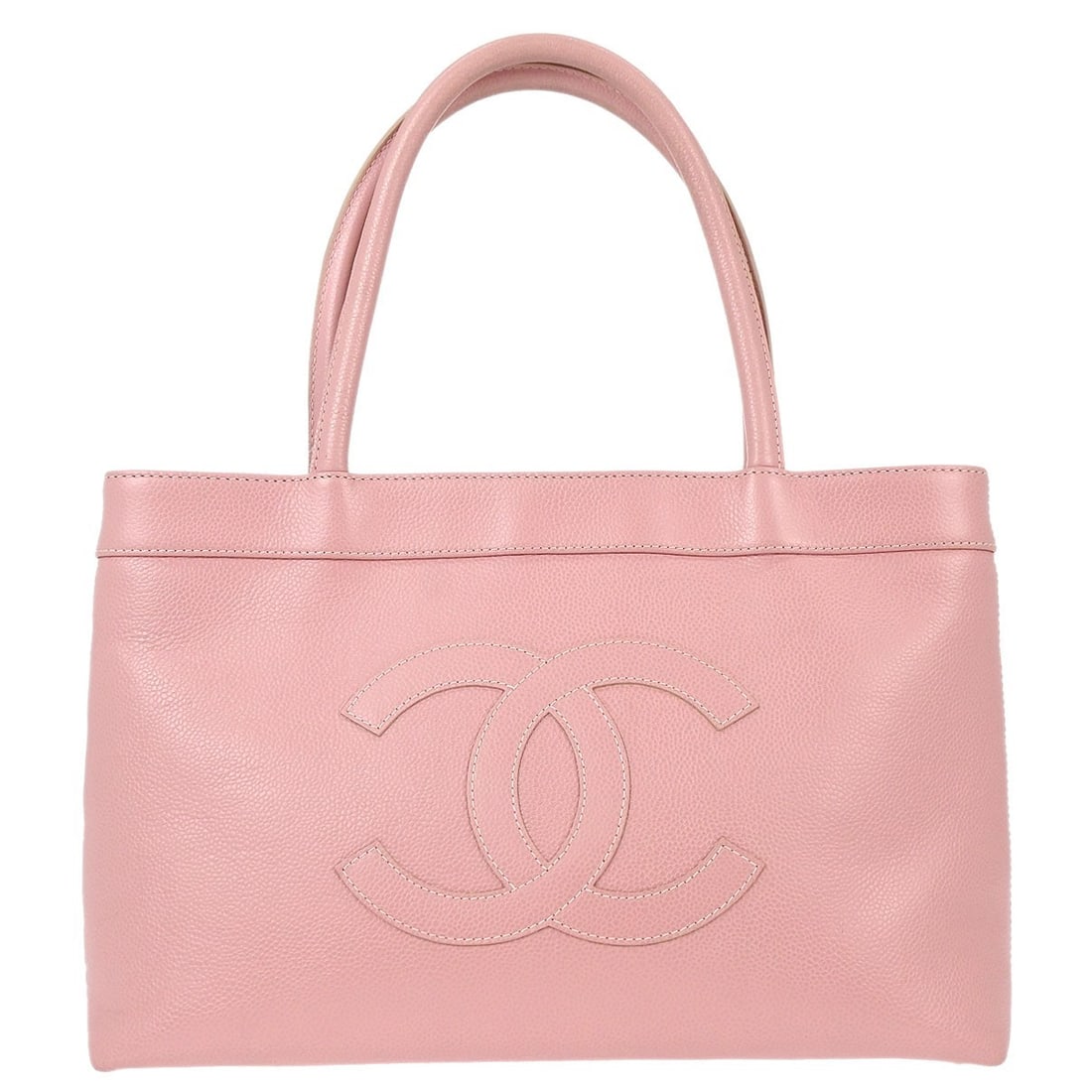 Chanel Pink Caviar Leather Quilted Tote Bag: Chanel Pink Caviar Leather Quilted Tote Bag This Chanel tote handbag features luxurious pink caviar skin leather with a quilted pattern and a medium-sized silhouette. The bag is designed with a magnet