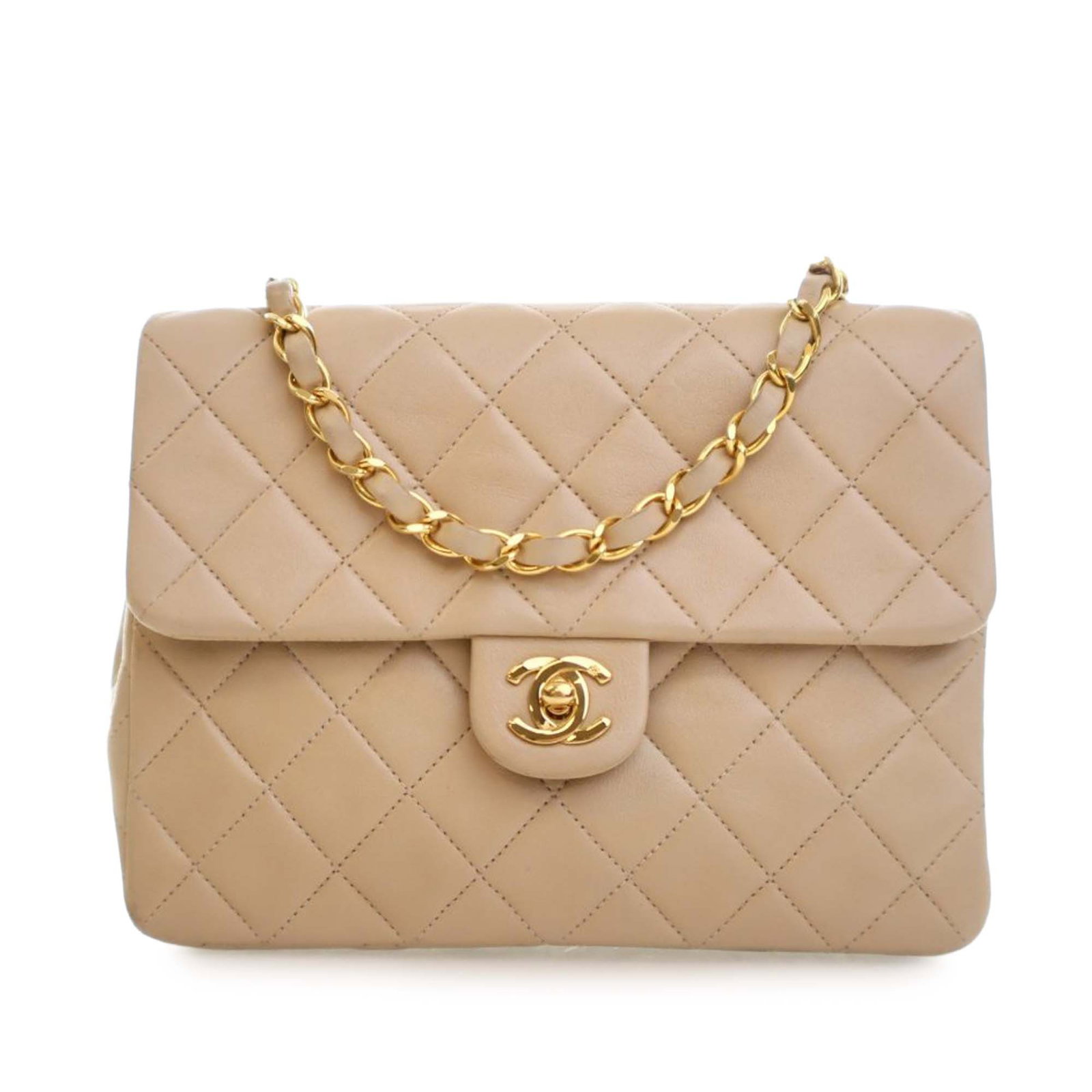 Beige Chanel Lambskin Leather Small Square Quilted Crossbody Bag: Beige Chanel Lambskin Leather Small Square Quilted Crossbody Bag This Chanel Small Square Quilted Lambskin Flap crossbody bag is crafted from beige lambskin leather and features a gold-tone leather-wo
