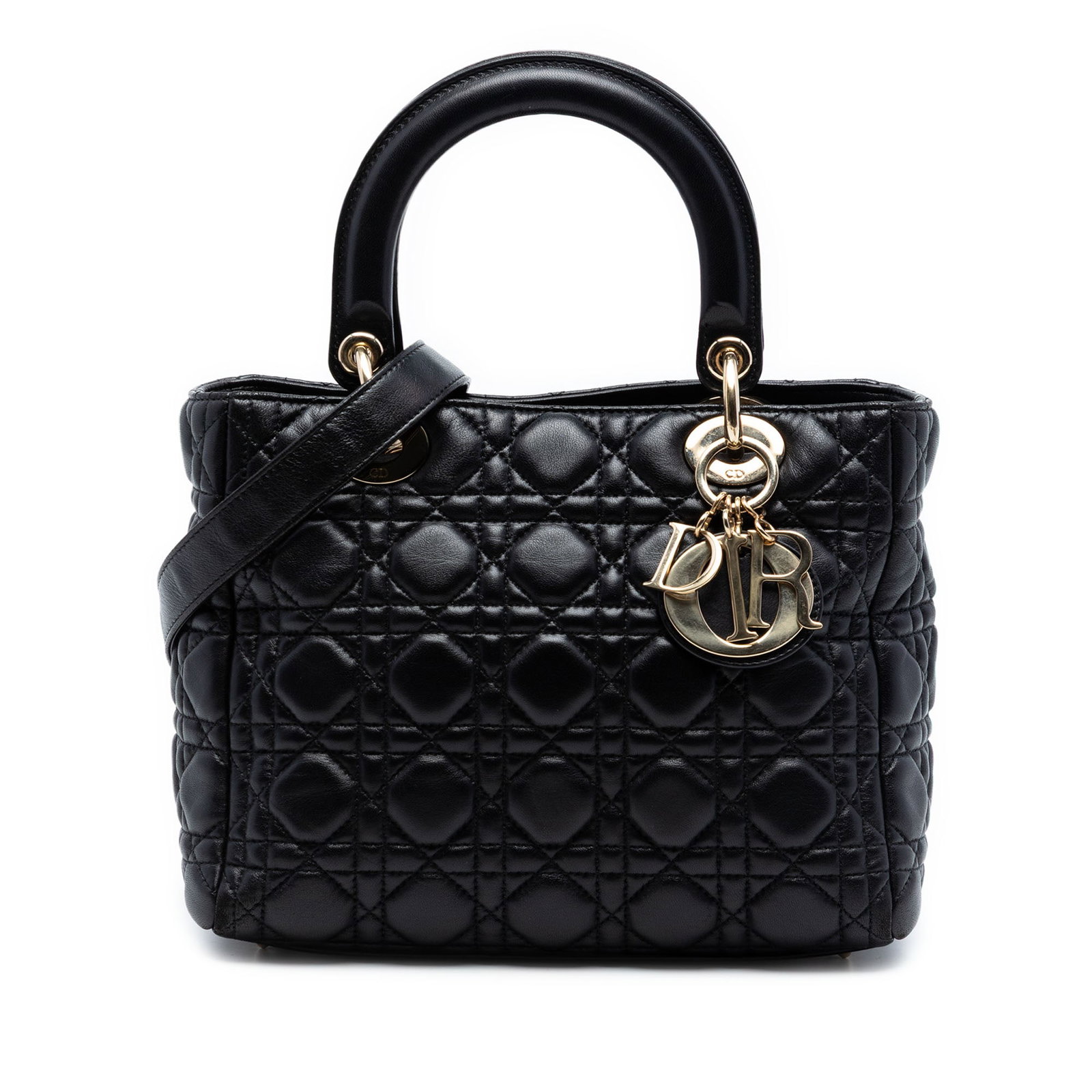 Dior Medium Lady Cannage Lambskin Bag Black: Dior Medium Lady Cannage Lambskin Bag Black This Medium Lambskin Cannage Lady Dior bag features a quilted lambskin leather exterior in black, complemented by flat leather top handles and a detachable,