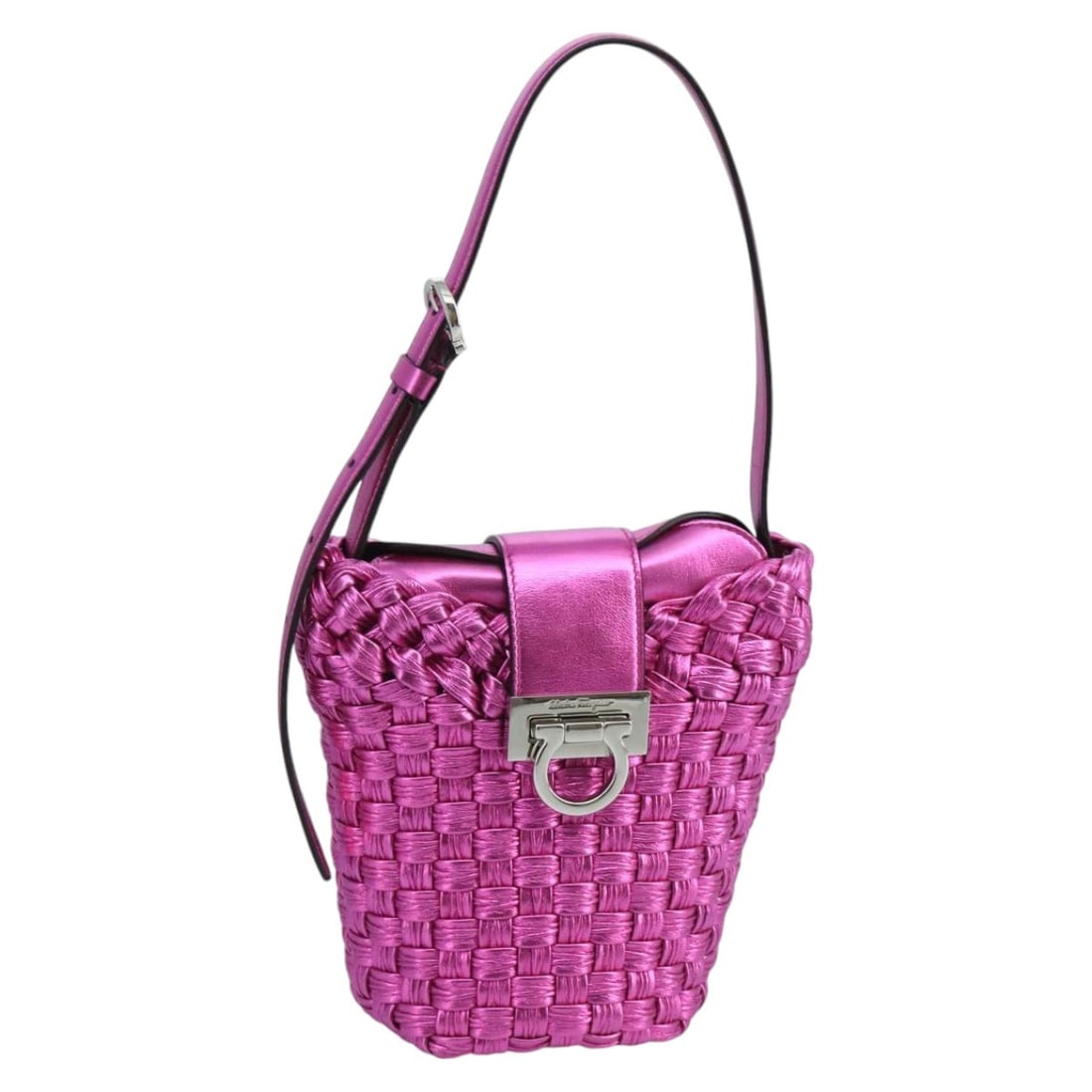 Salvatore Ferragamo Gancini Pink Silver Leather Shoulder Bag Italy (1 of 18)