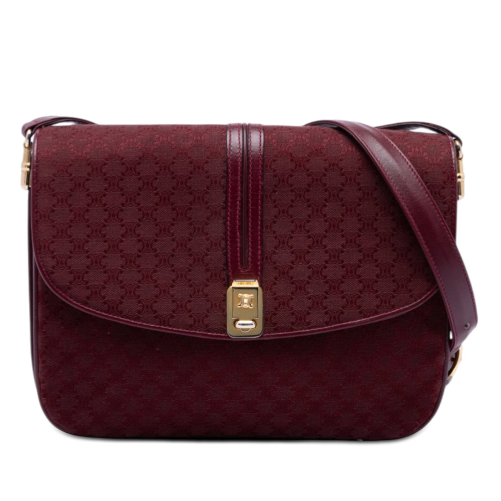 Celine Macadam red coated canvas crossbody bag: Celine Macadam red coated canvas crossbody bag This Celine Macadam crossbody bag showcases a coated canvas body with leather trim and an adjustable flat leather strap. The design features a front flap