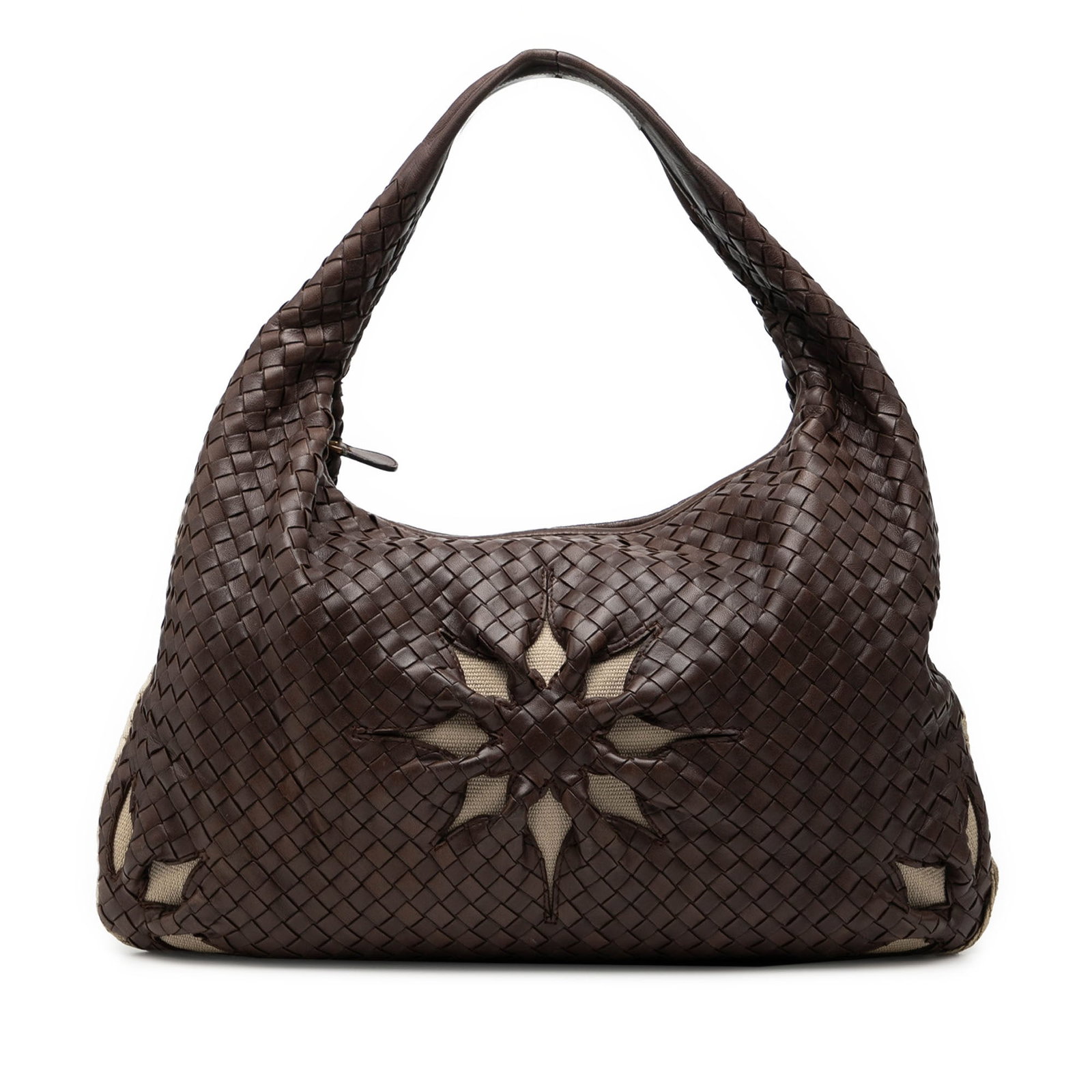 Bottega Veneta Nappa Leather Hobo Bag With Floral Canvas Detail: Bottega Veneta Nappa Leather Hobo Bag With Floral Canvas Detail This Bottega Veneta Large Nappa Intrecciato Floral Cutout Veneta Hobo features a woven leather construction with a canvas flower detail.