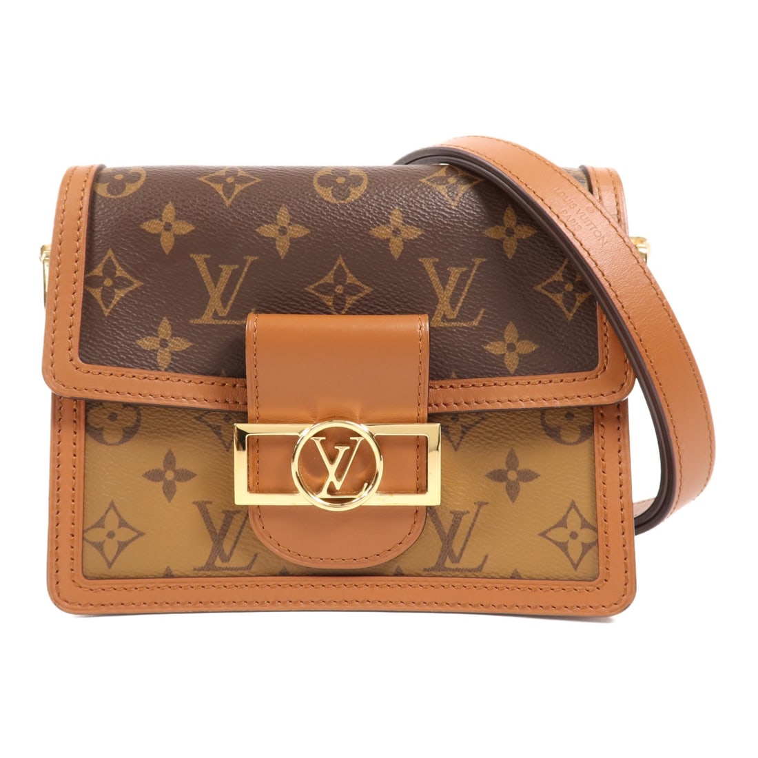 Louis Vuitton Mini Dauphine Monogram Reverse Shoulder Bag M44580 Brown: Louis Vuitton Mini Dauphine Monogram Reverse Shoulder Bag M44580 Brown This Louis Vuitton Mini Dauphine shoulder bag features the classic monogram design in brown PVC coated canvas, complemented by go