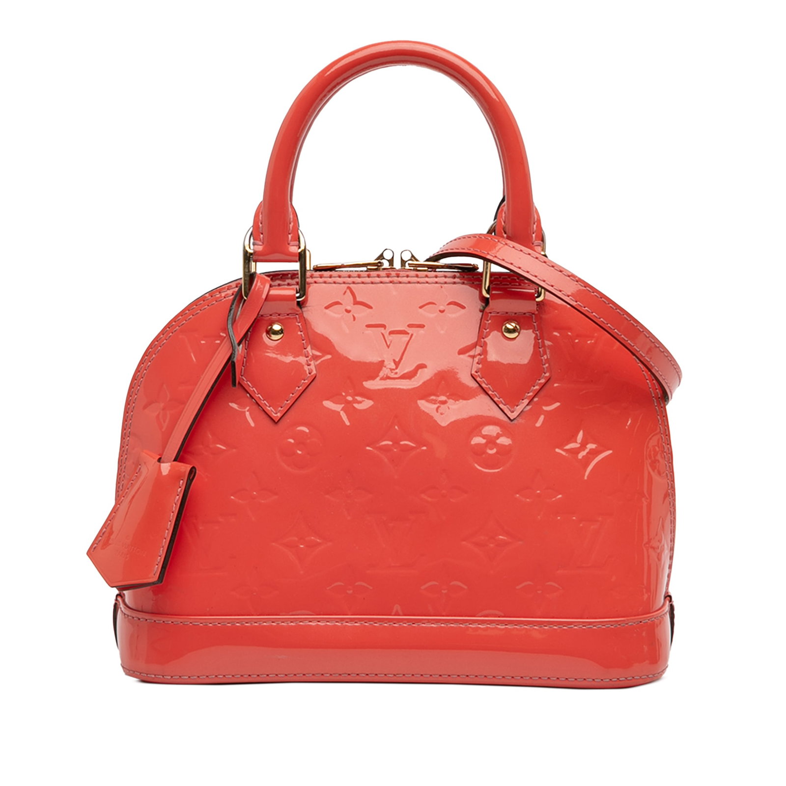 Orange Vernis Leather Alma BB Bag with Strap by Louis Vuitton: Orange Vernis Leather Alma BB Bag with Strap by Louis Vuitton This Louis Vuitton Monogram Vernis Alma BB features an orange monogram vernis leather body, rolled leather handles, a detachable leather s