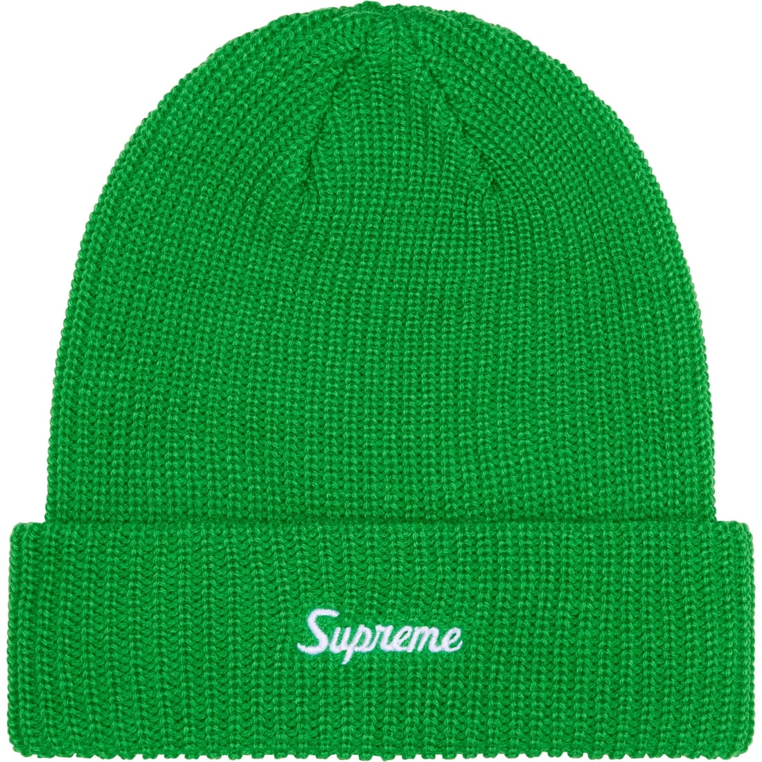 Green Supreme Loose Gauge Knit Beanie Hat: Green Supreme Loose Gauge Knit Beanie Hat This Supreme Loose Gauge Green Beanie features a relaxed knit construction for a comfortable and flexible fit. The vibrant green color adds a bold accent to a