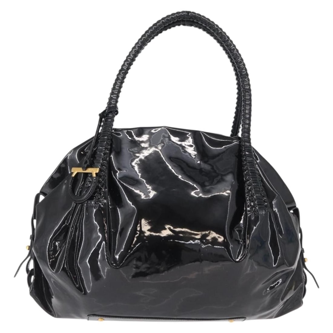 Gancini Patent Leather Tote Bag by Salvatore Ferragamo Black: Gancini Patent Leather Tote Bag by Salvatore Ferragamo Black This Salvatore Ferragamo Gancini Tote is crafted from black patent leather and designed for women. The bag features the iconic Gancini moti