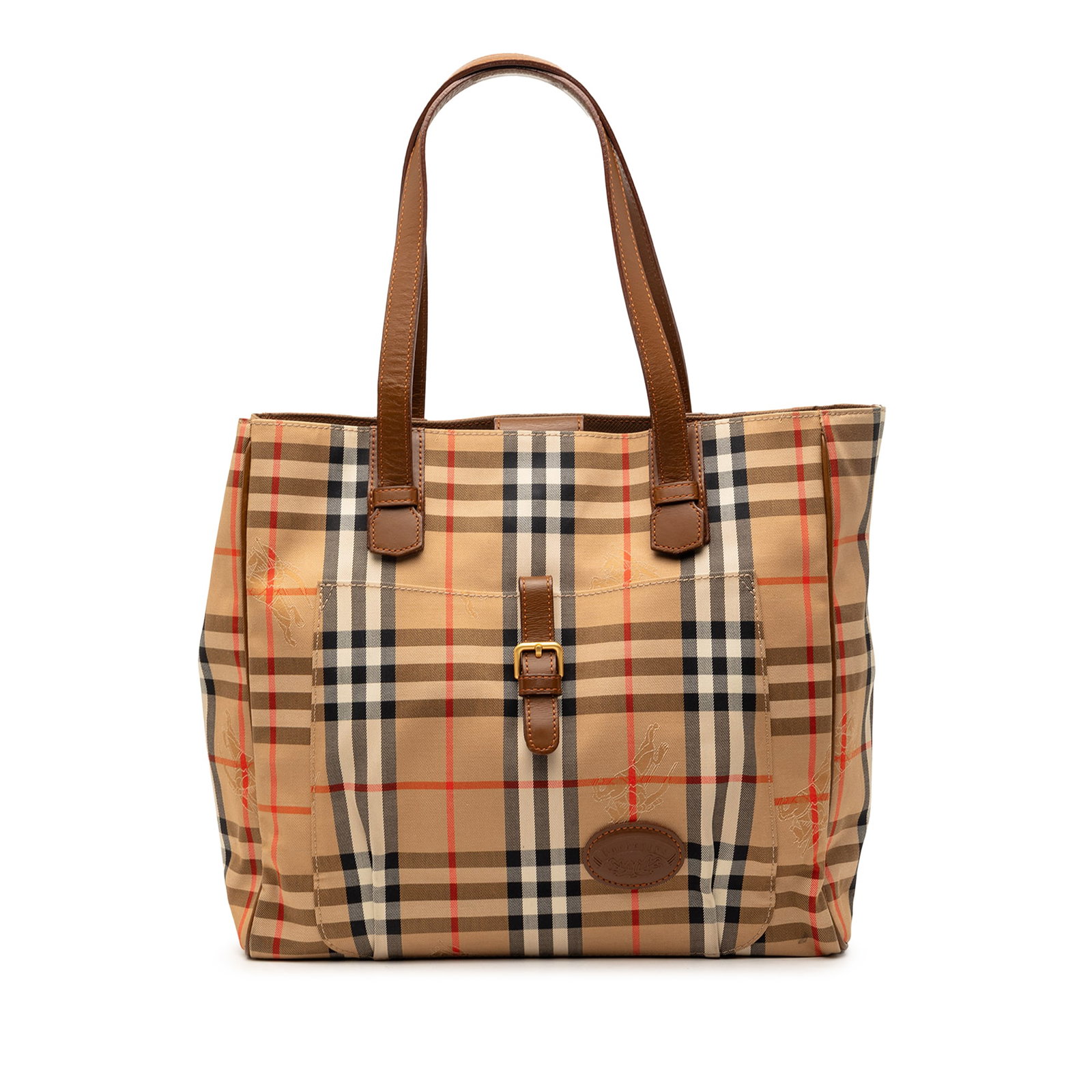 Burberry Haymarket Check Canvas Tote Bag: Burberry Haymarket Check Canvas Tote Bag This Burberry Haymarket Check Canvas Tote features the brand's signature check canvas with leather trim and flat leather straps. The bag has an open top with a