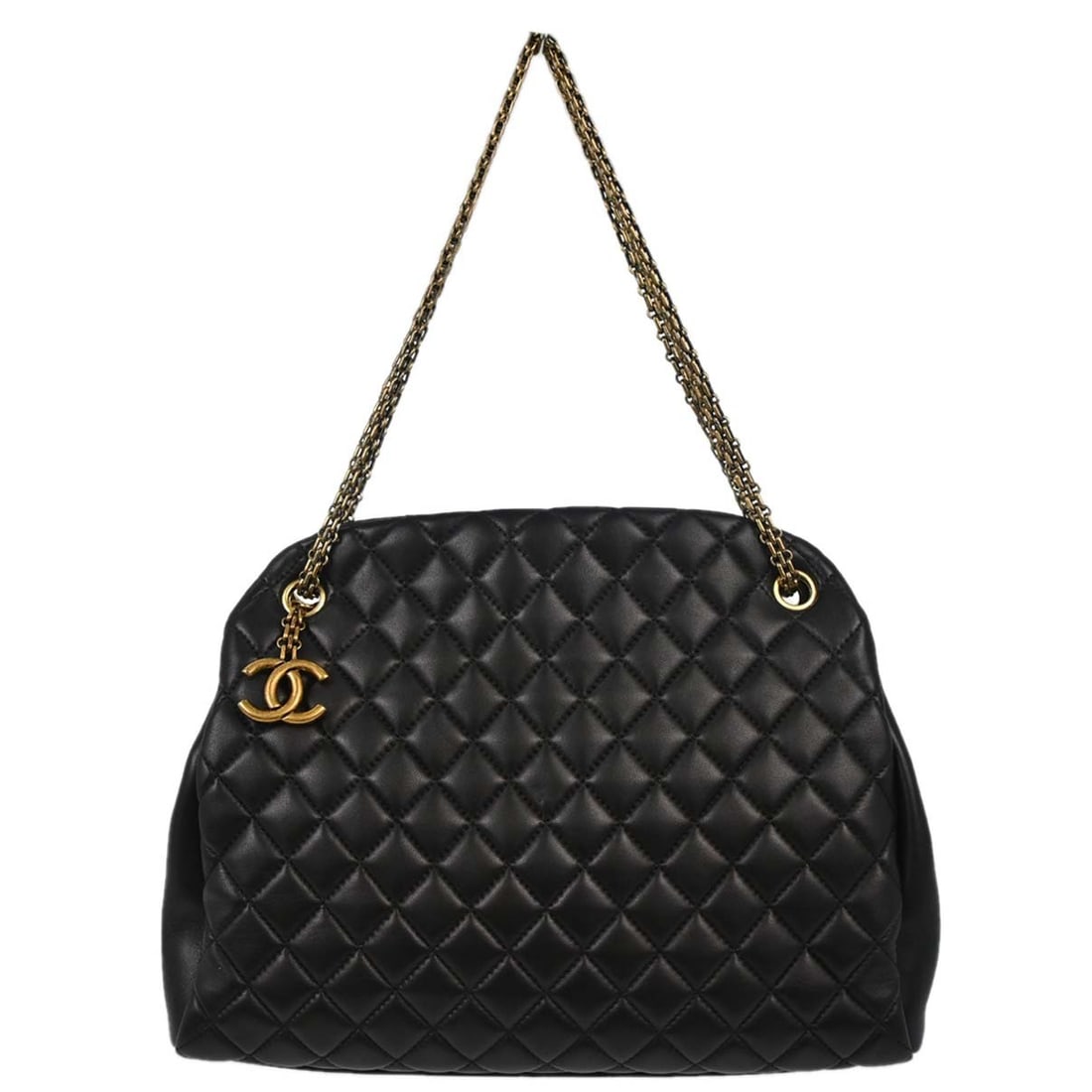 Chanel Mademoiselle black lambskin shoulder bag large quilted gold tone: Chanel Mademoiselle black lambskin shoulder bag large quilted gold tone This Chanel Large Mademoiselle Bowling Bag is crafted from black lambskin leather and features a classic quilted design. The bag