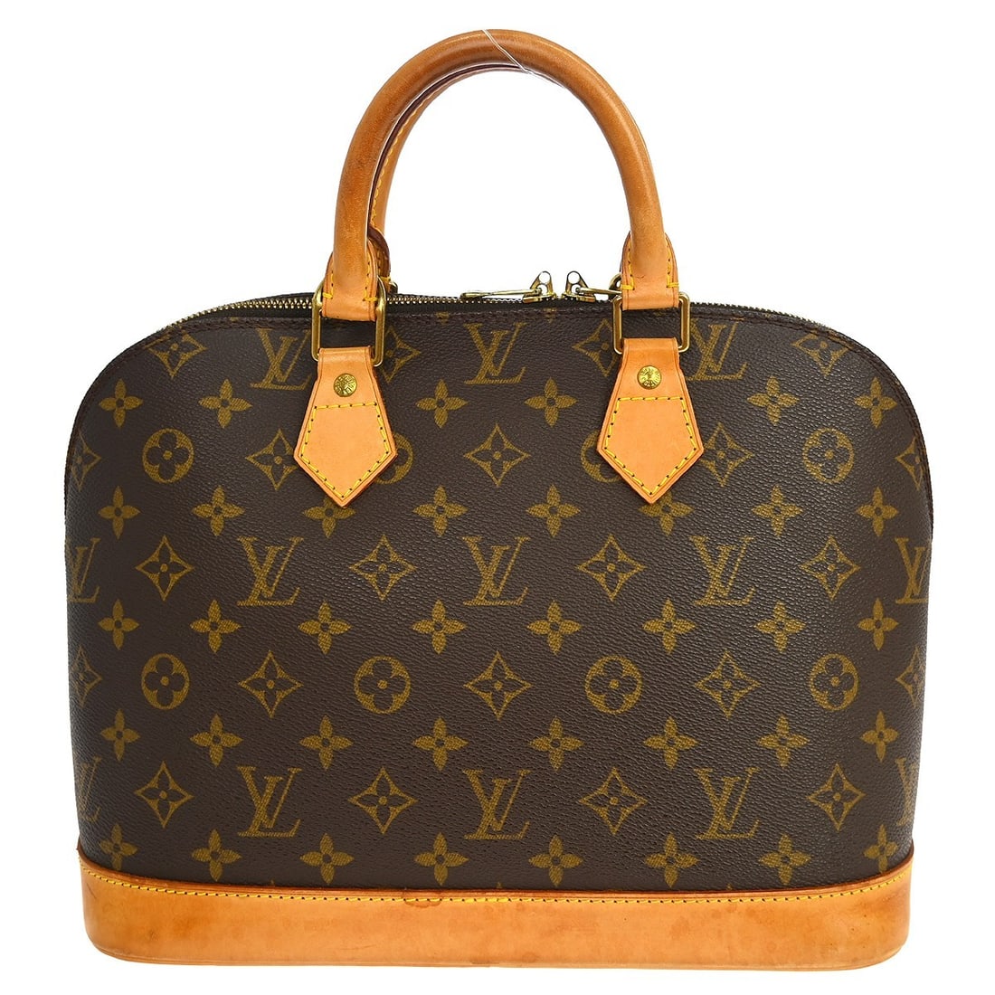 Louis Vuitton Alma Monogram Canvas Handbag Medium: Louis Vuitton Alma Monogram Canvas Handbag Medium This Louis Vuitton Alma handbag features the classic Monogram canvas design with beige double handles and a zip closure. The medium-sized bag offers a